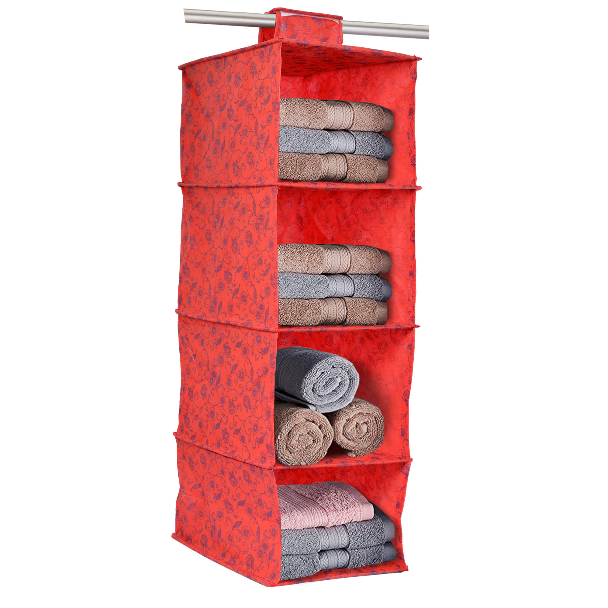 Kuber Industries Metalic Floral Print Non Woven Hanging 4 Shelves Foldable Wardrobe/Closet Cloth Organizer (Red)-KUBMART1164
