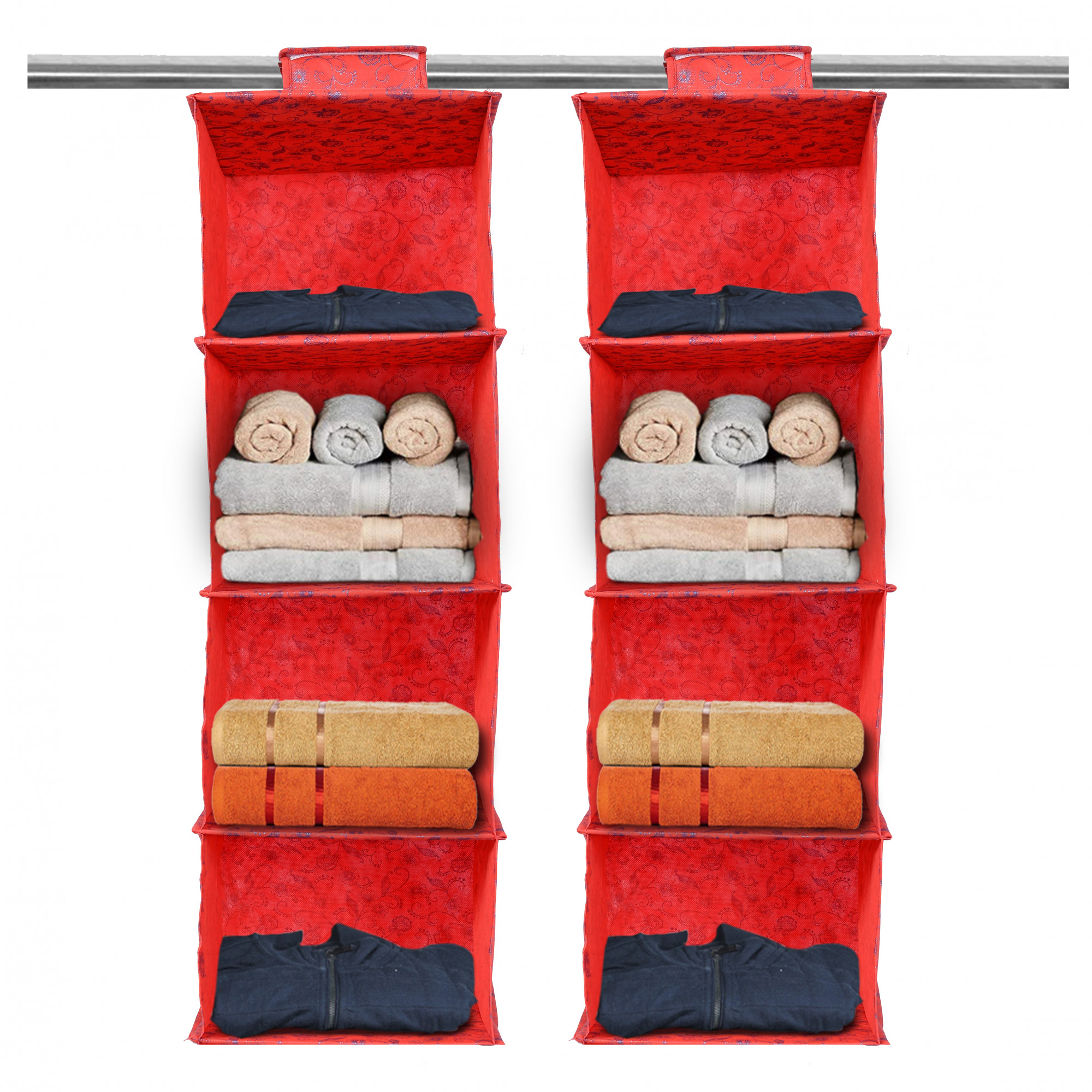 Kuber Industries Metalic Floral Print Non Woven Hanging 4 Shelves Foldable Wardrobe/Closet Cloth Organizer (Red)-KUBMART1164