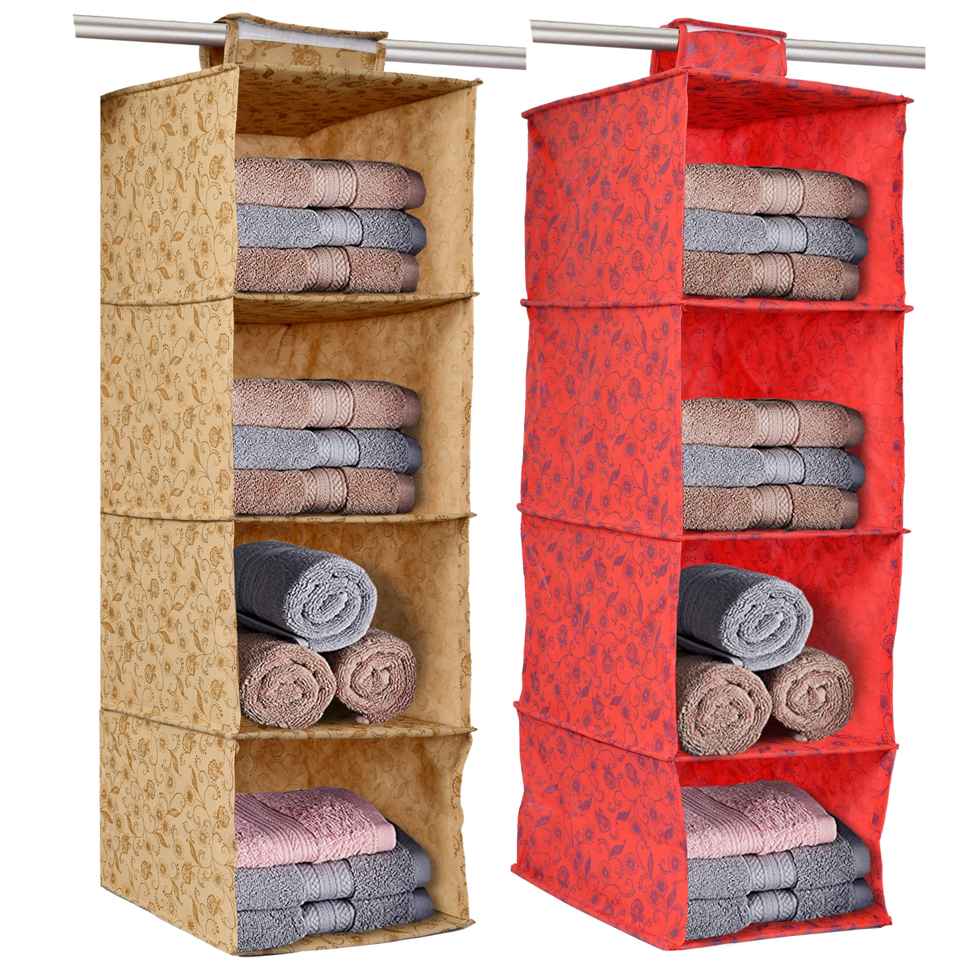 Kuber Industries Metalic Floral Print Non Woven Hanging 4 Shelves Foldable Wardrobe/Closet Cloth Organizer (Set Of 2,Beige & Red)-KUBMART1168