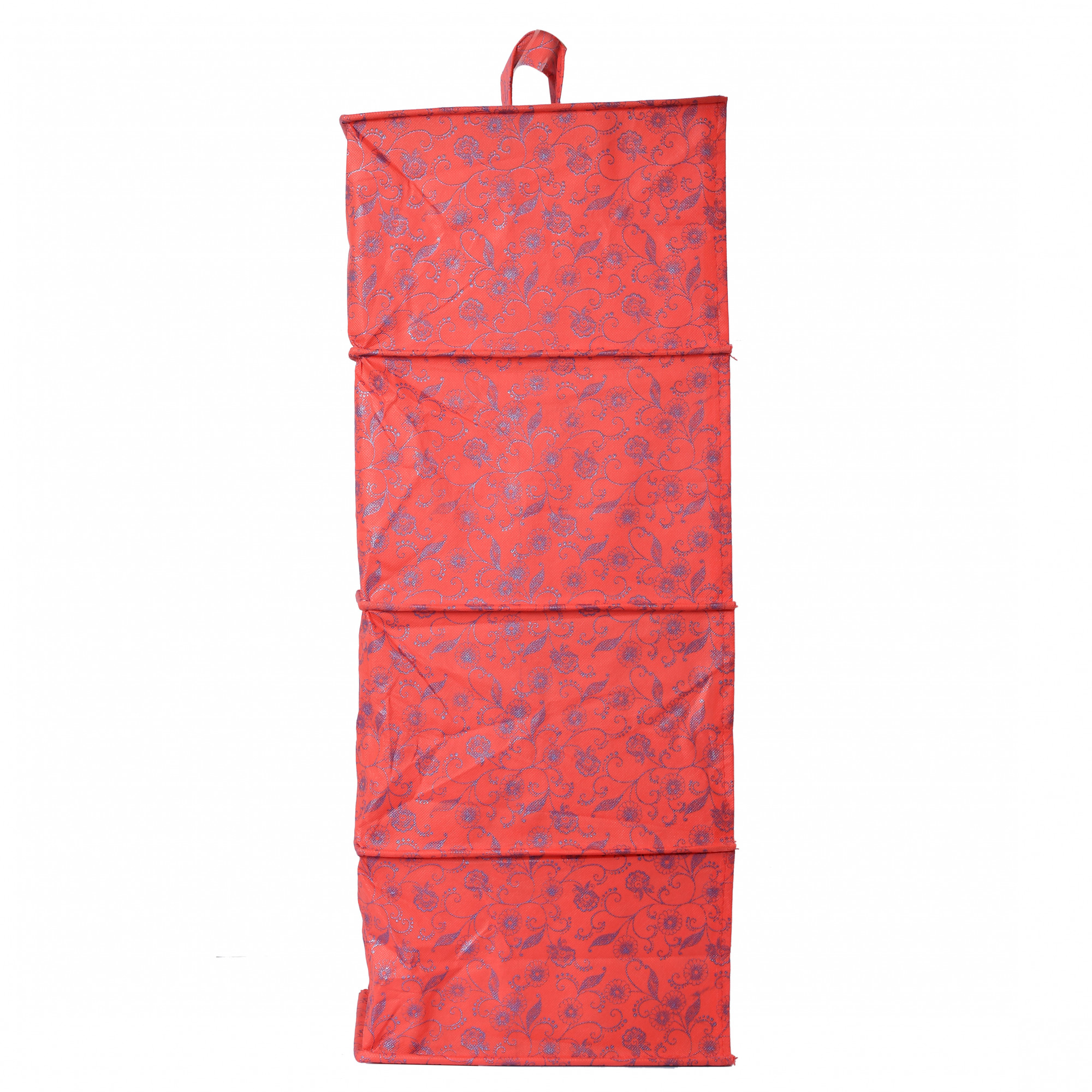 Kuber Industries Metalic Floral Print Non Woven Hanging 4 Shelves Foldable Wardrobe/Closet Cloth Organizer (Set Of 2,Beige & Red)-KUBMART1168