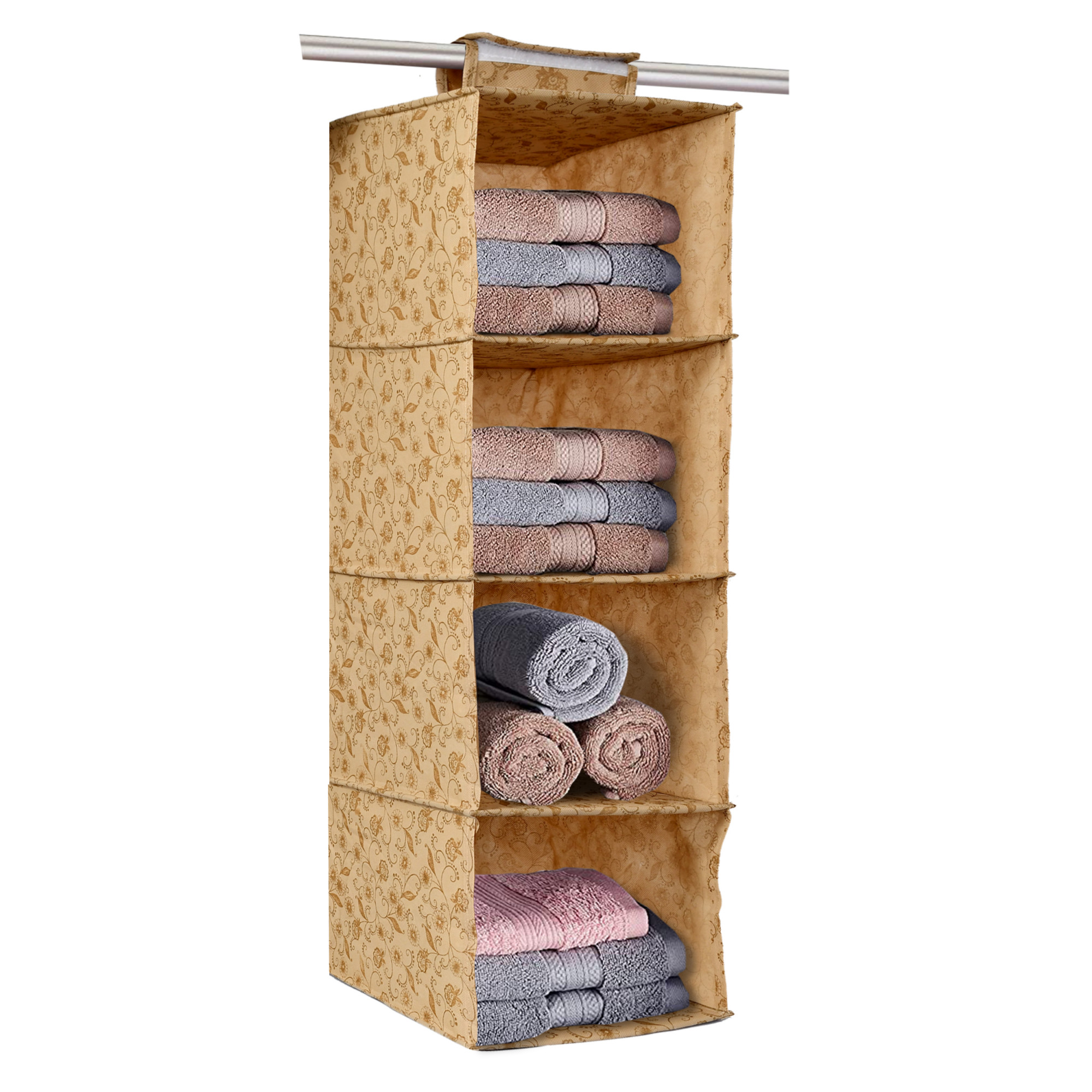 Kuber Industries Metalic Floral Print Non Woven Hanging 4 Shelves Foldable Wardrobe/Closet Cloth Organizer (Set Of 2,Beige & Red)-KUBMART1168