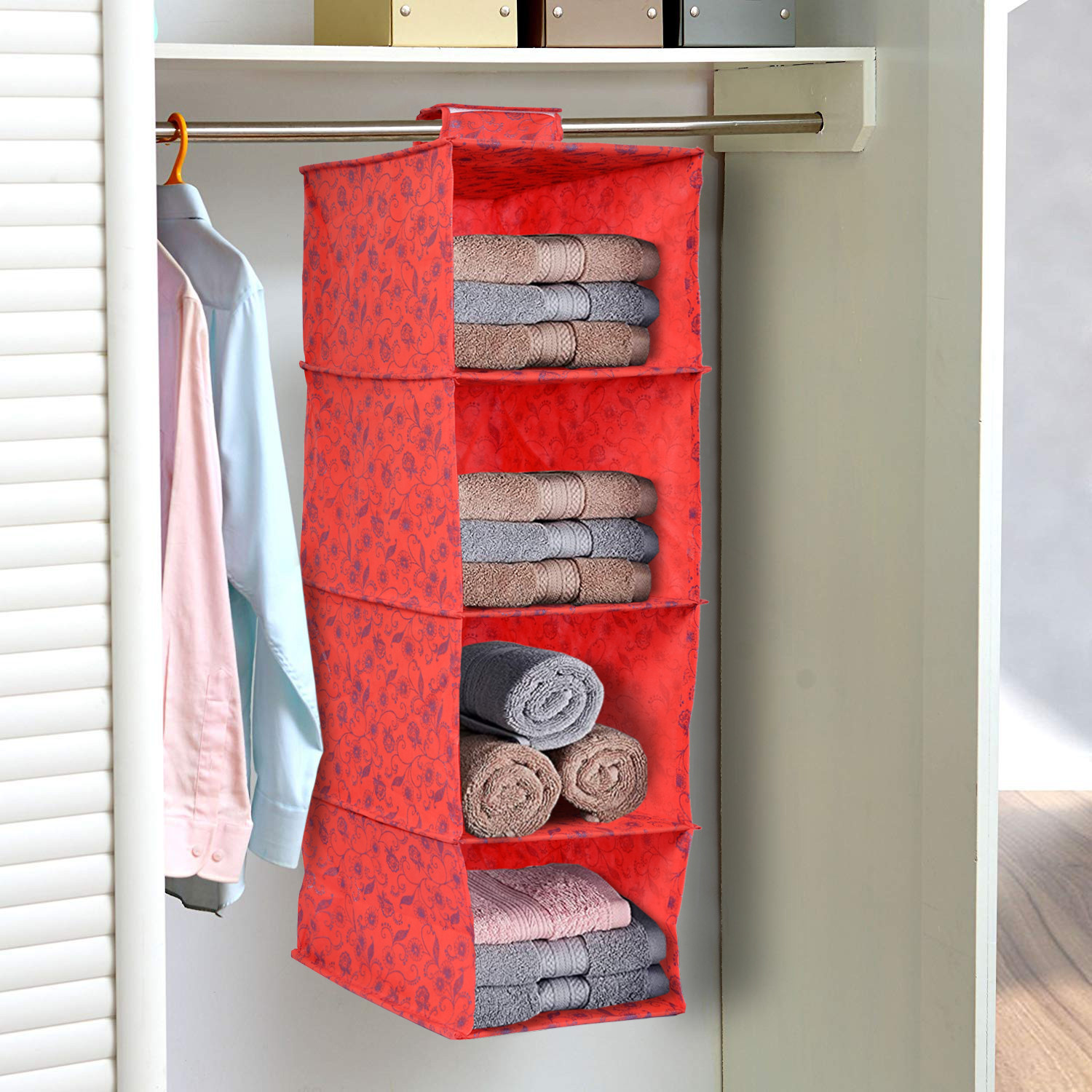 Kuber Industries Metalic Floral Print Non Woven Hanging 4 Shelves Foldable Wardrobe/Closet Cloth Organizer (Set Of 2,Beige & Red)-KUBMART1168