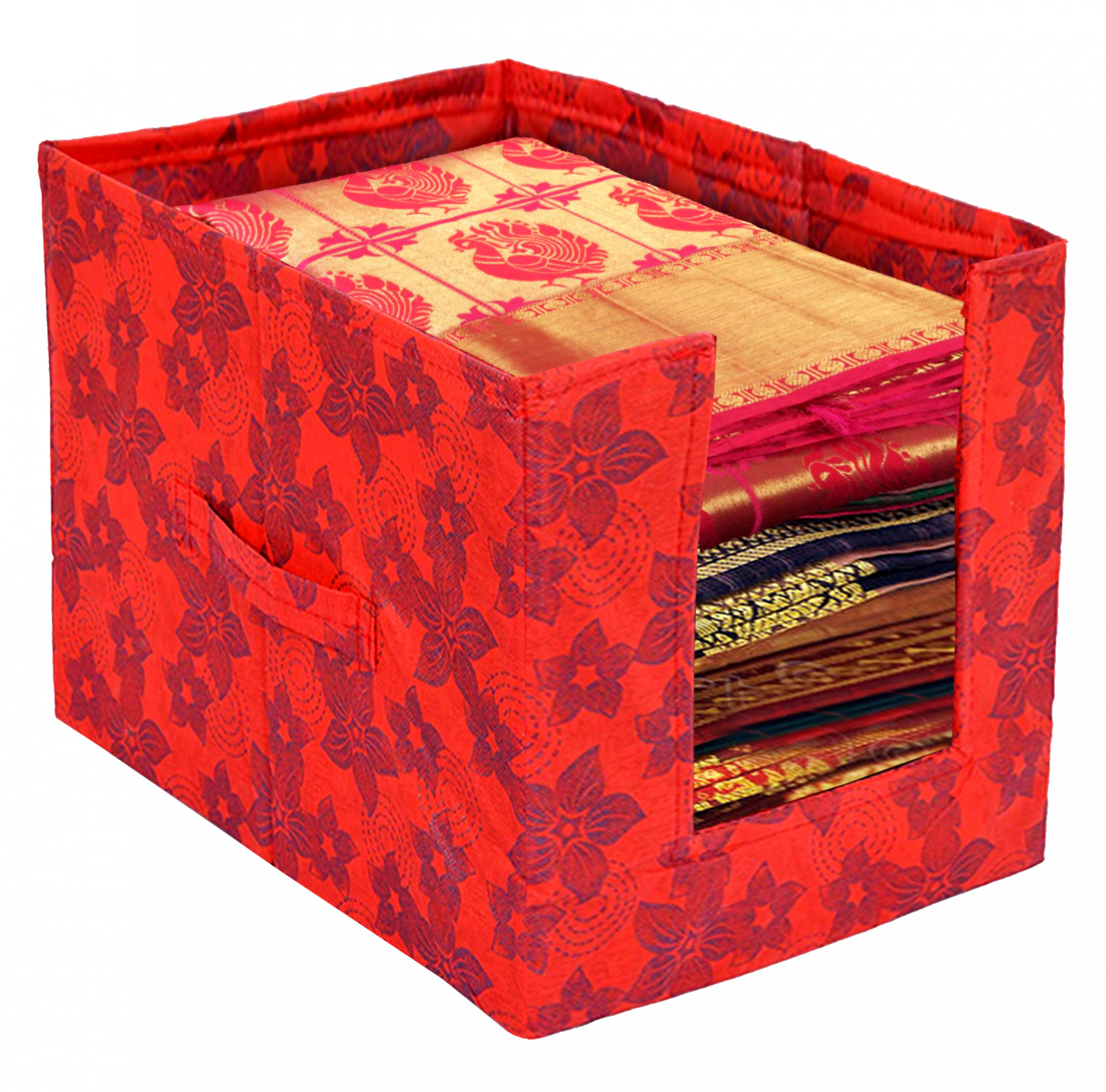 Kuber Industries Metalic Flower Print Foldable Rectangle Cloth Saree Stacker Cloth Wardrobe Organizer (Red)