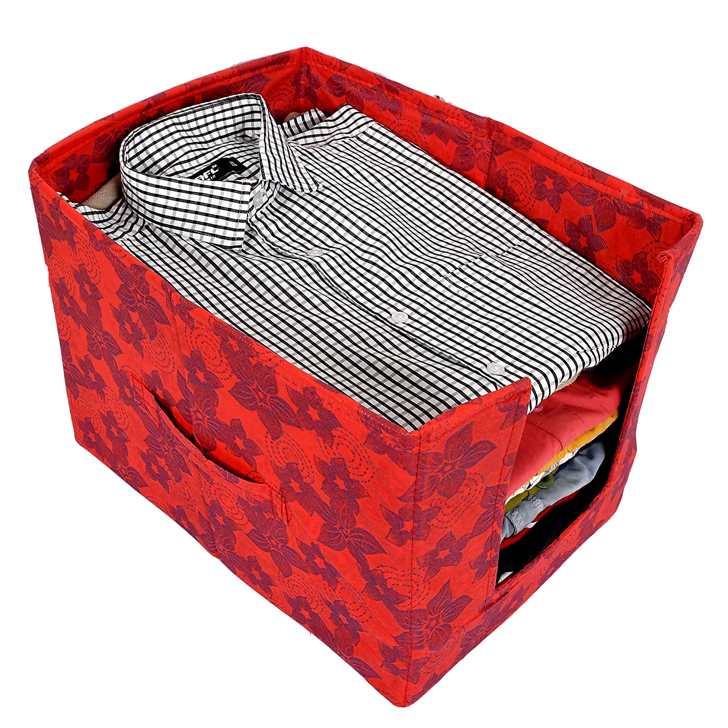 Kuber Industries Metalic Flower Print Foldable Rectangle Cloth Saree Stacker Cloth Wardrobe Organizer (Red)