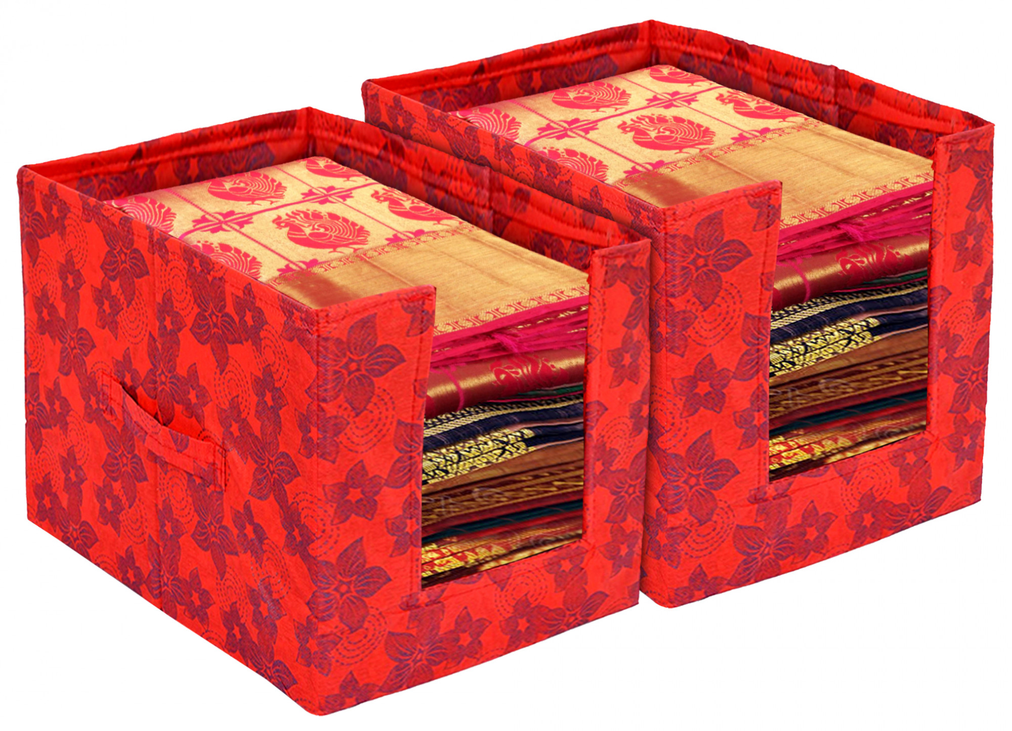 Kuber Industries Metalic Flower Print Foldable Rectangle Cloth Saree Stacker Cloth Wardrobe Organizer (Red)