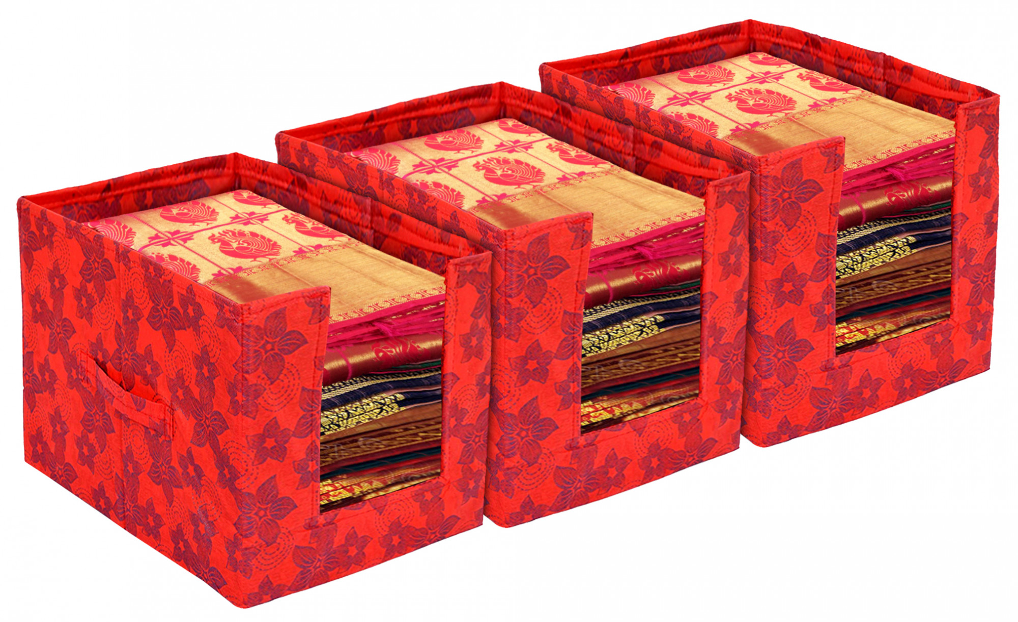Kuber Industries Metalic Flower Print Foldable Rectangle Cloth Saree Stacker Cloth Wardrobe Organizer (Red)