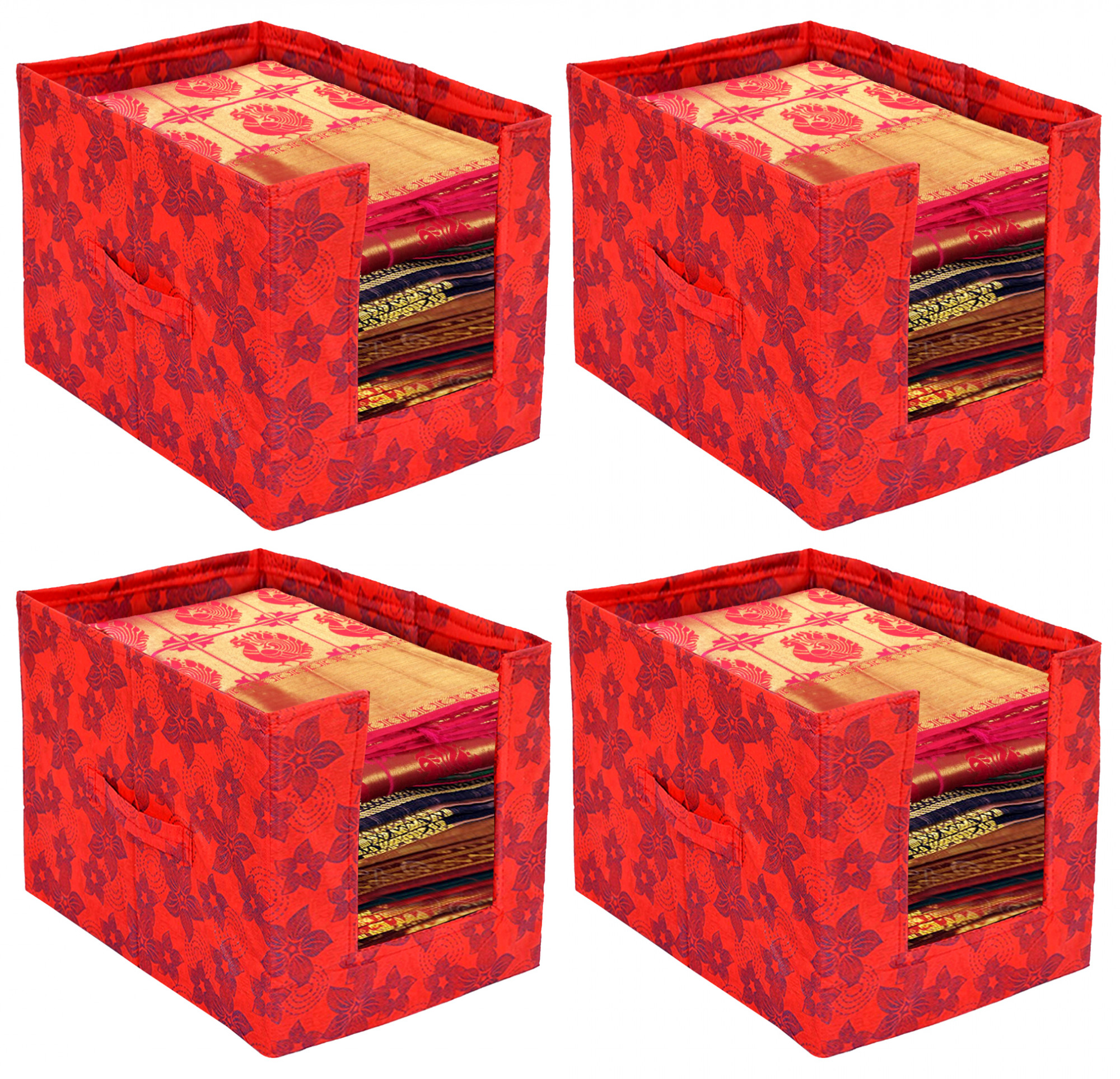 Kuber Industries Metalic Flower Print Foldable Rectangle Cloth Saree Stacker Cloth Wardrobe Organizer (Red)
