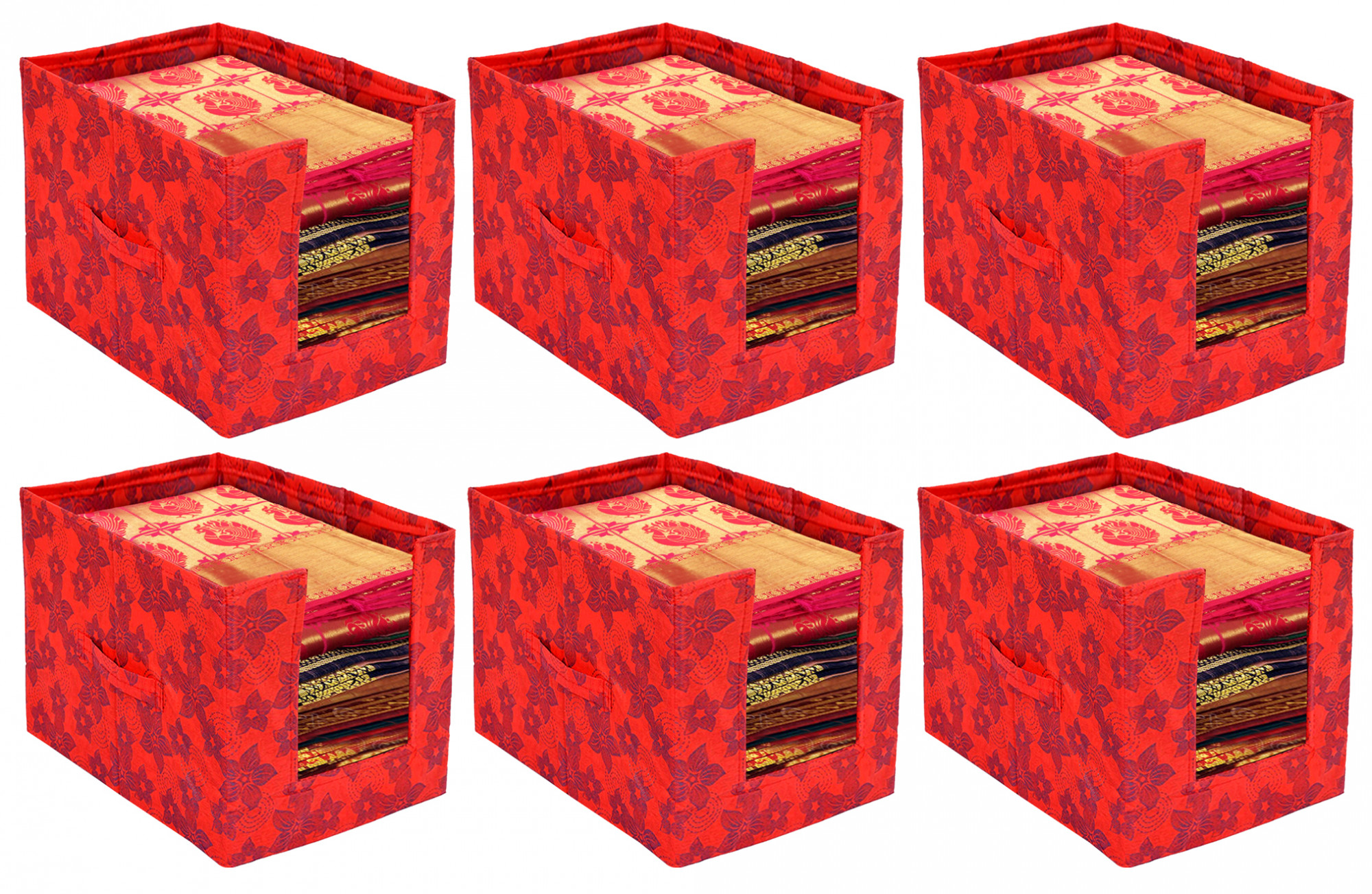 Kuber Industries Metalic Flower Print Foldable Rectangle Cloth Saree Stacker Cloth Wardrobe Organizer (Red)