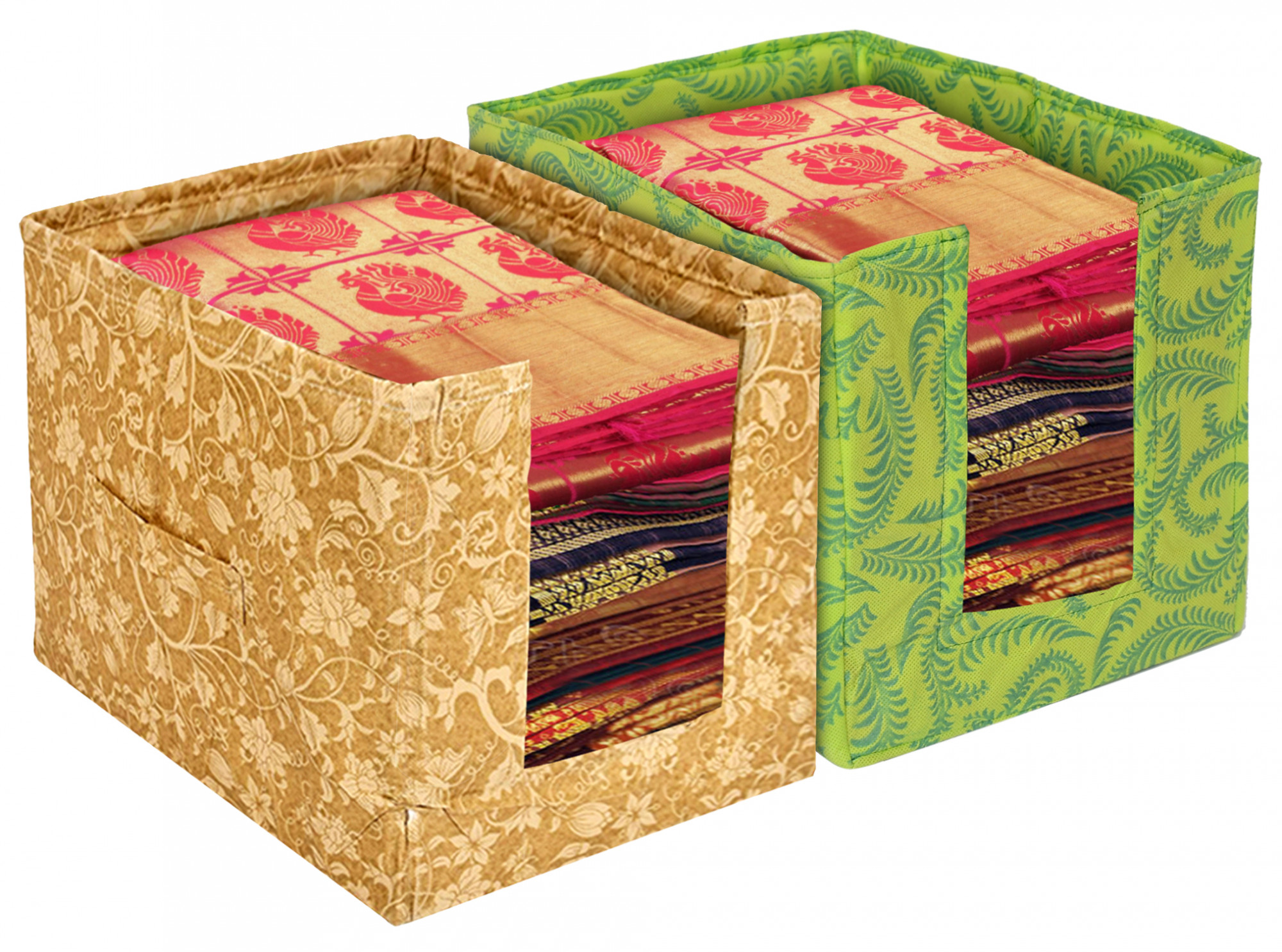 Kuber Industries Metalic Flower Print Foldable Rectangle Cloth Saree Stacker Cloth Wardrobe Organizer- Pack of 2 (Beige & Green)