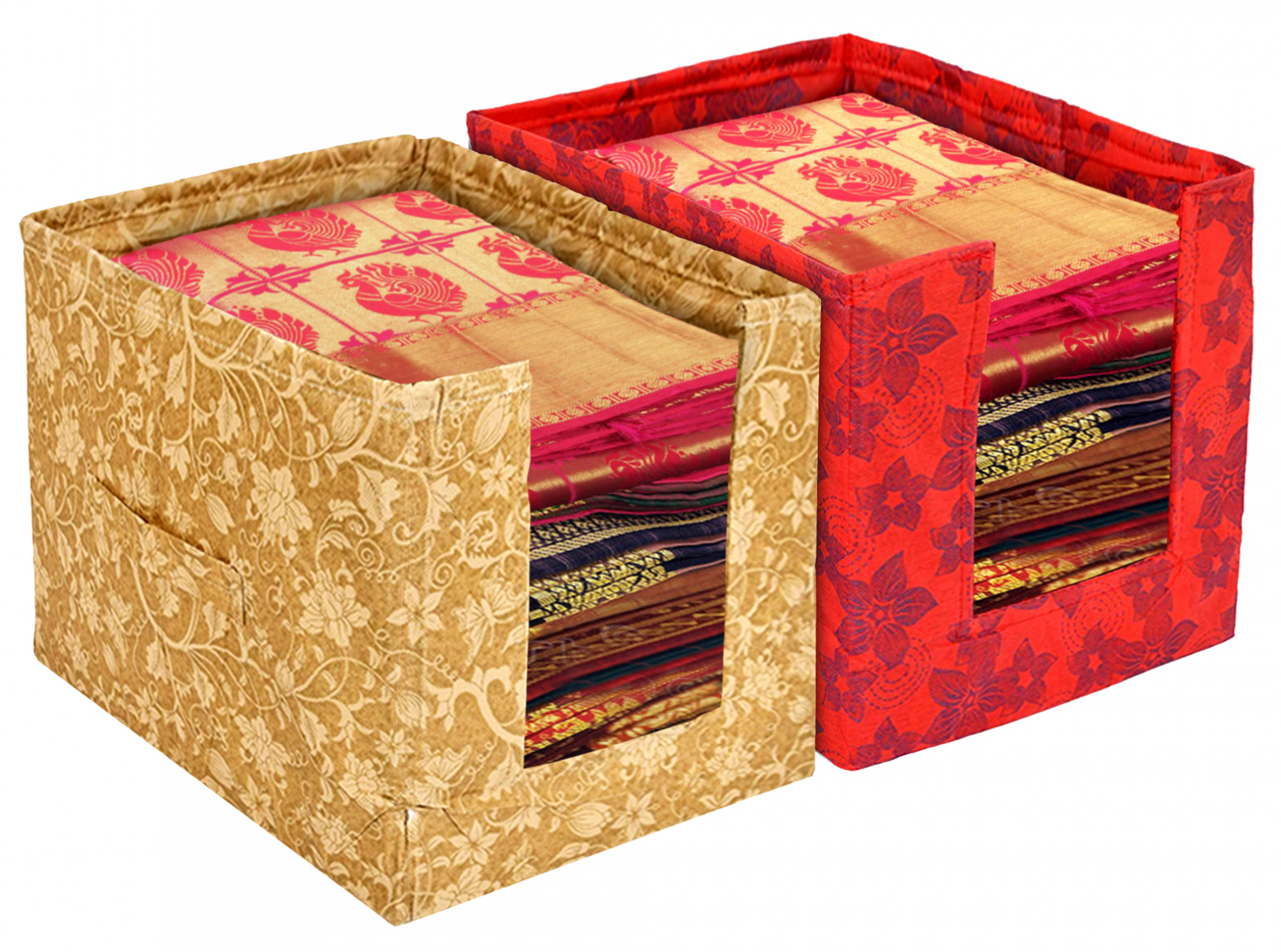 Kuber Industries Metalic Flower Print Foldable Rectangle Cloth Saree Stacker Cloth Wardrobe Organizer- Pack of 2 (Beige & Red)