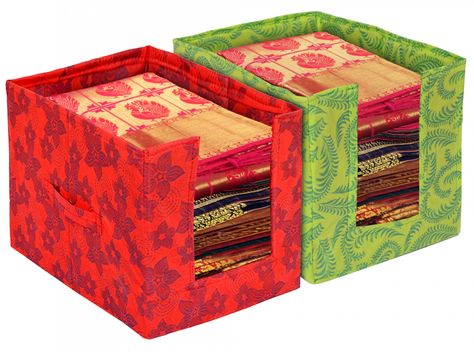 Kuber Industries Metalic Flower Print Foldable Rectangle Cloth Saree Stacker Cloth Wardrobe Organizer- Pack of 2 (Green & Red)