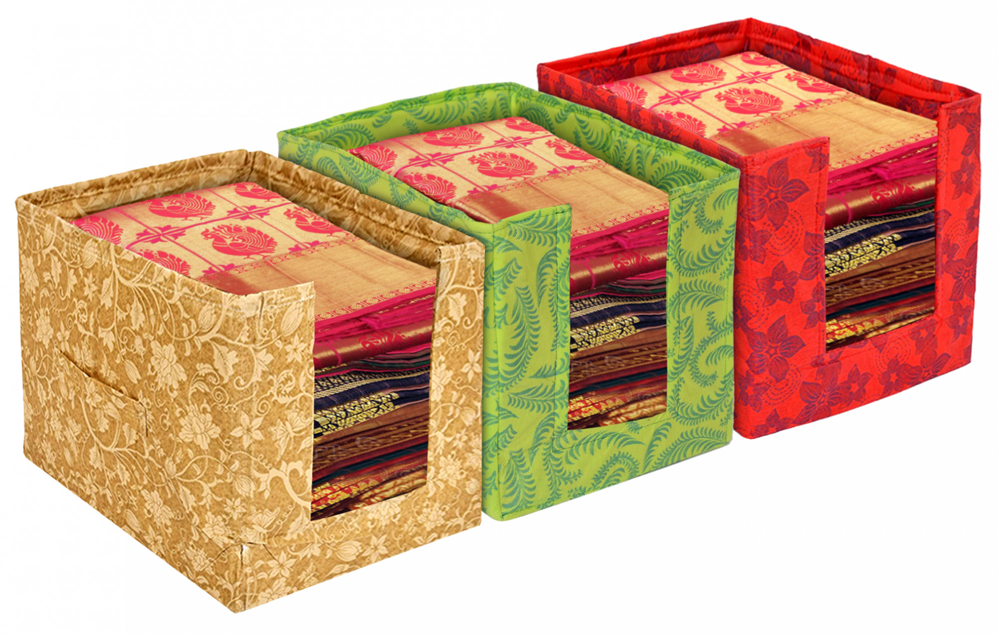 Kuber Industries Metalic Flower Print Foldable Rectangle Cloth Saree Stacker Cloth Wardrobe Organizer- Pack of 3 (Beige & Green & Red)