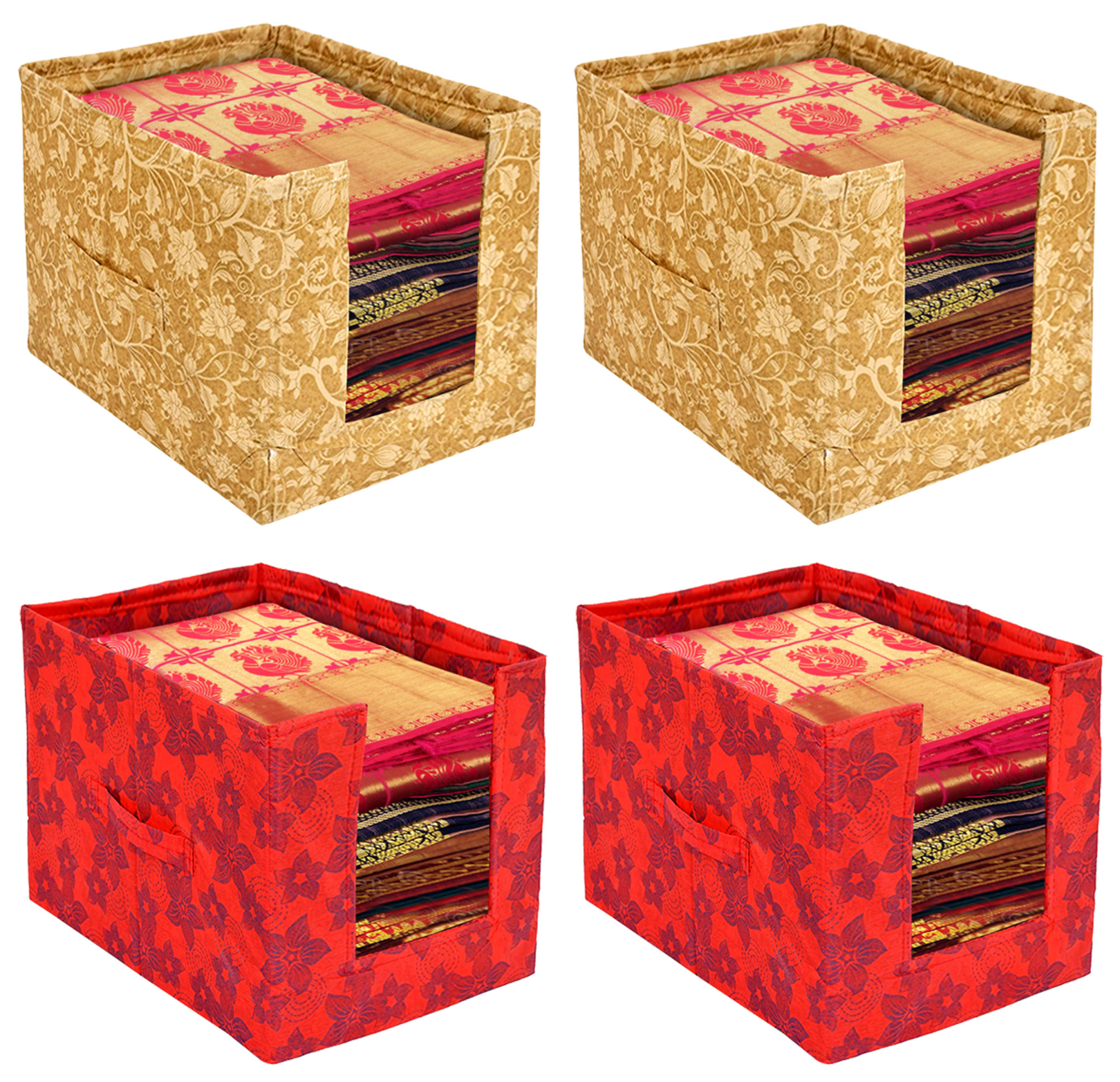 Kuber Industries Metalic Flower Print Foldable Rectangle Cloth Saree Stacker Cloth Wardrobe Organizer- Pack of 4 (Beige & Red)