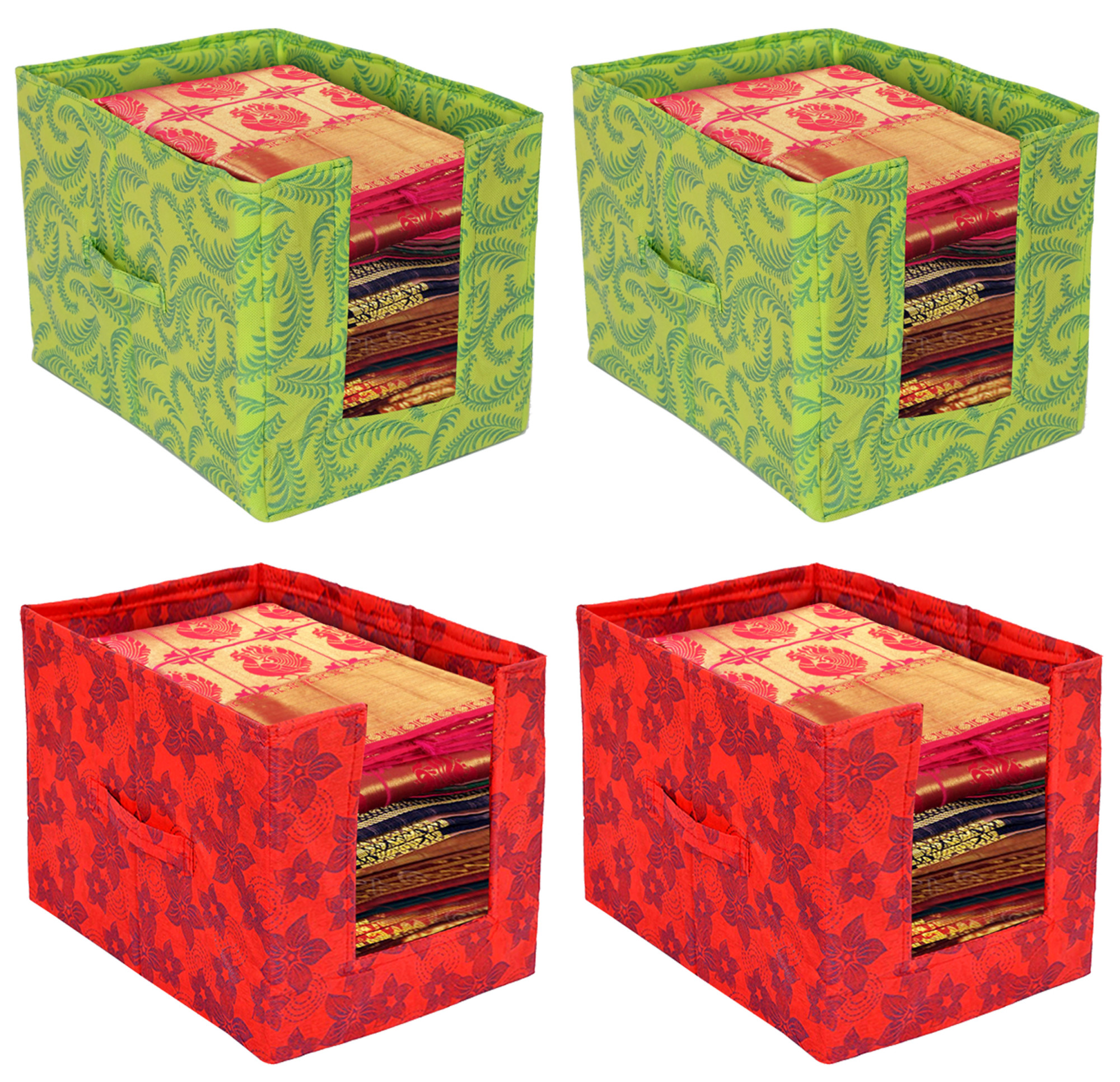 Kuber Industries Metalic Flower Print Foldable Rectangle Cloth Saree Stacker Cloth Wardrobe Organizer- Pack of 4 (Green & Red)