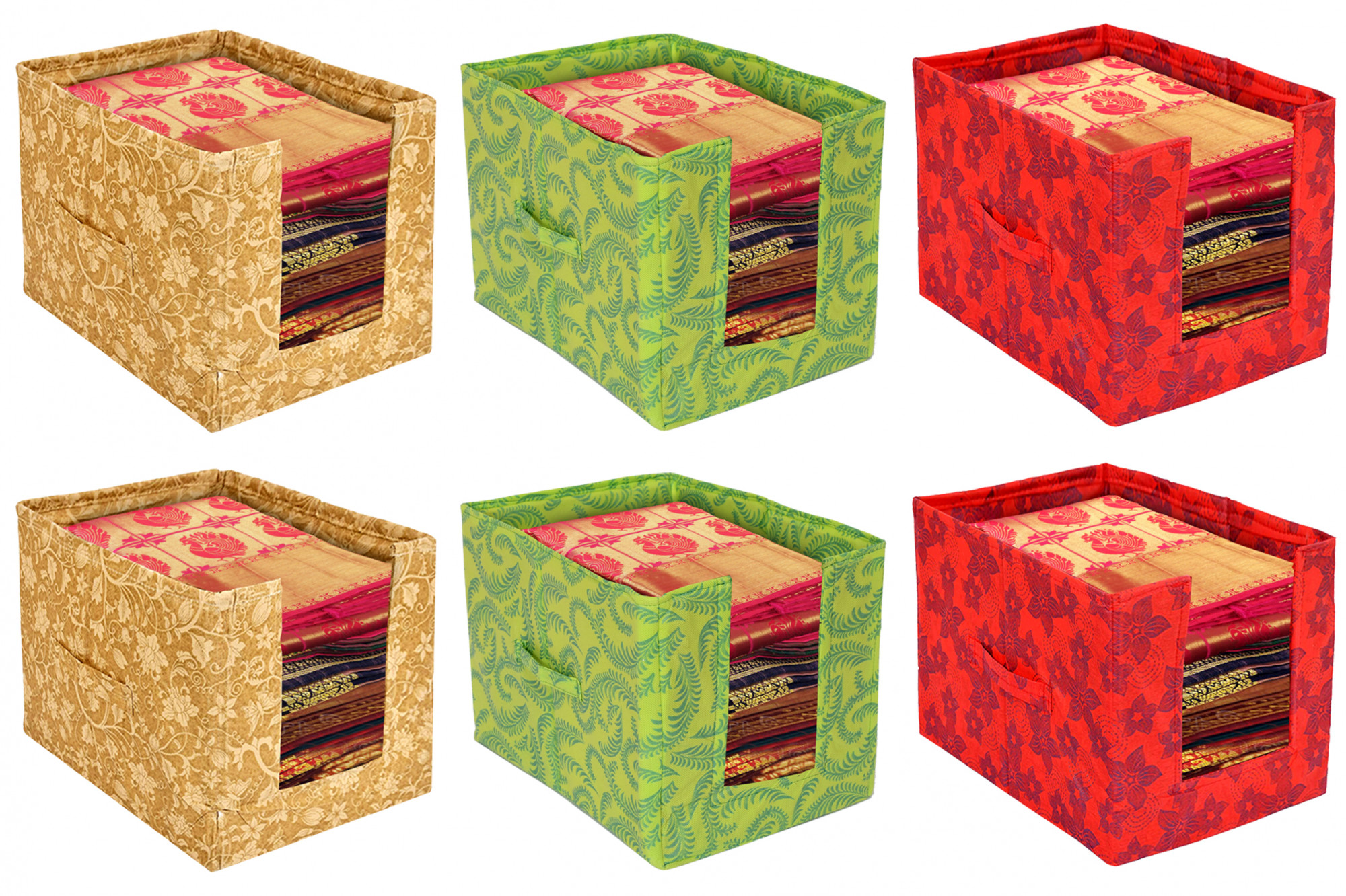 Kuber Industries Metalic Flower Print Foldable Rectangle Cloth Saree Stacker Cloth Wardrobe Organizer- Pack of 6 (Beige & Green & Red)