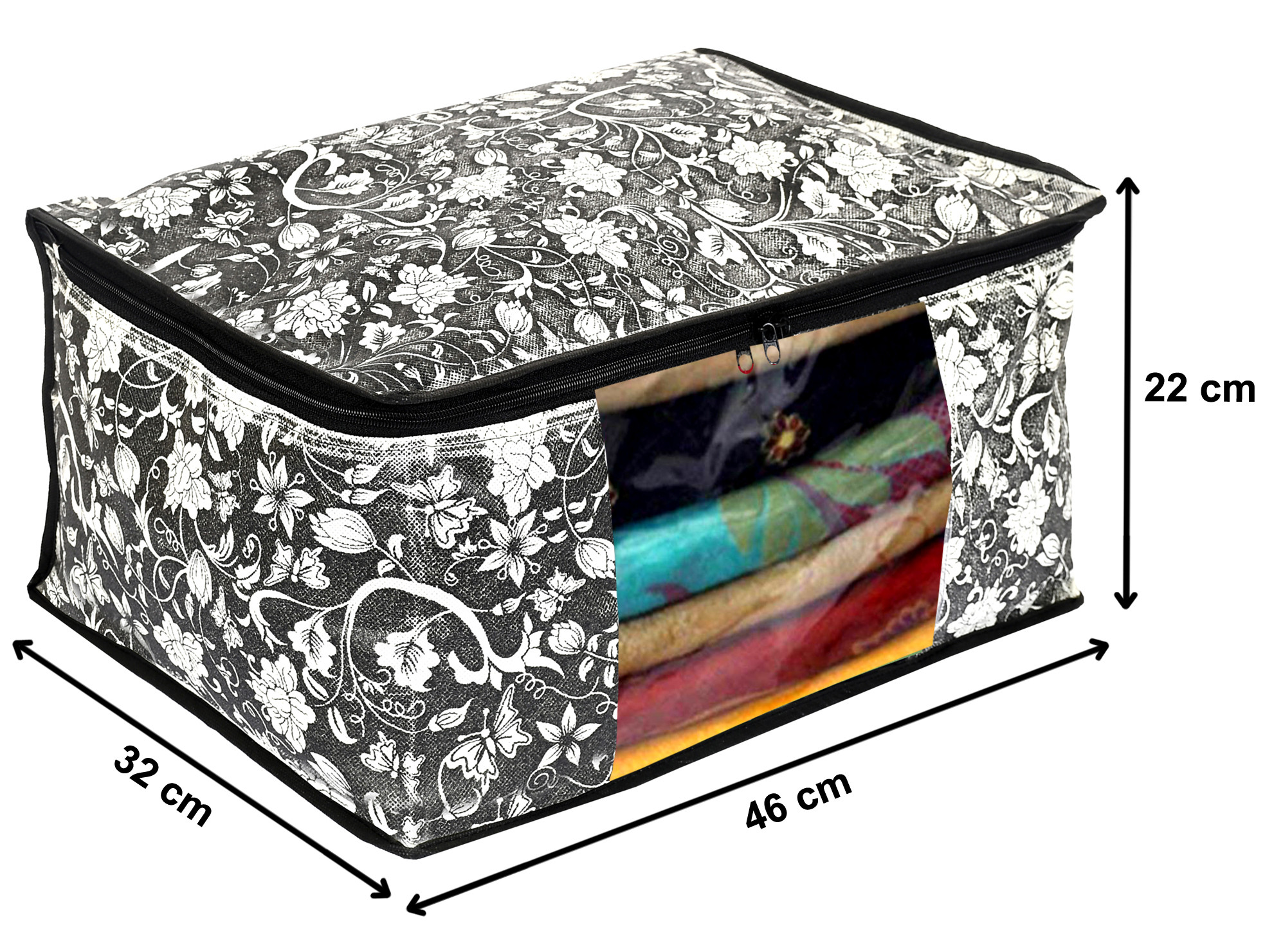 Kuber Industries Metalic Flower Print Non Woven Fabric Saree Cover/Clothes Organiser For Wardrobe Set with Transparent Window, Extra Large (Black)-34_S_KUBMART16515