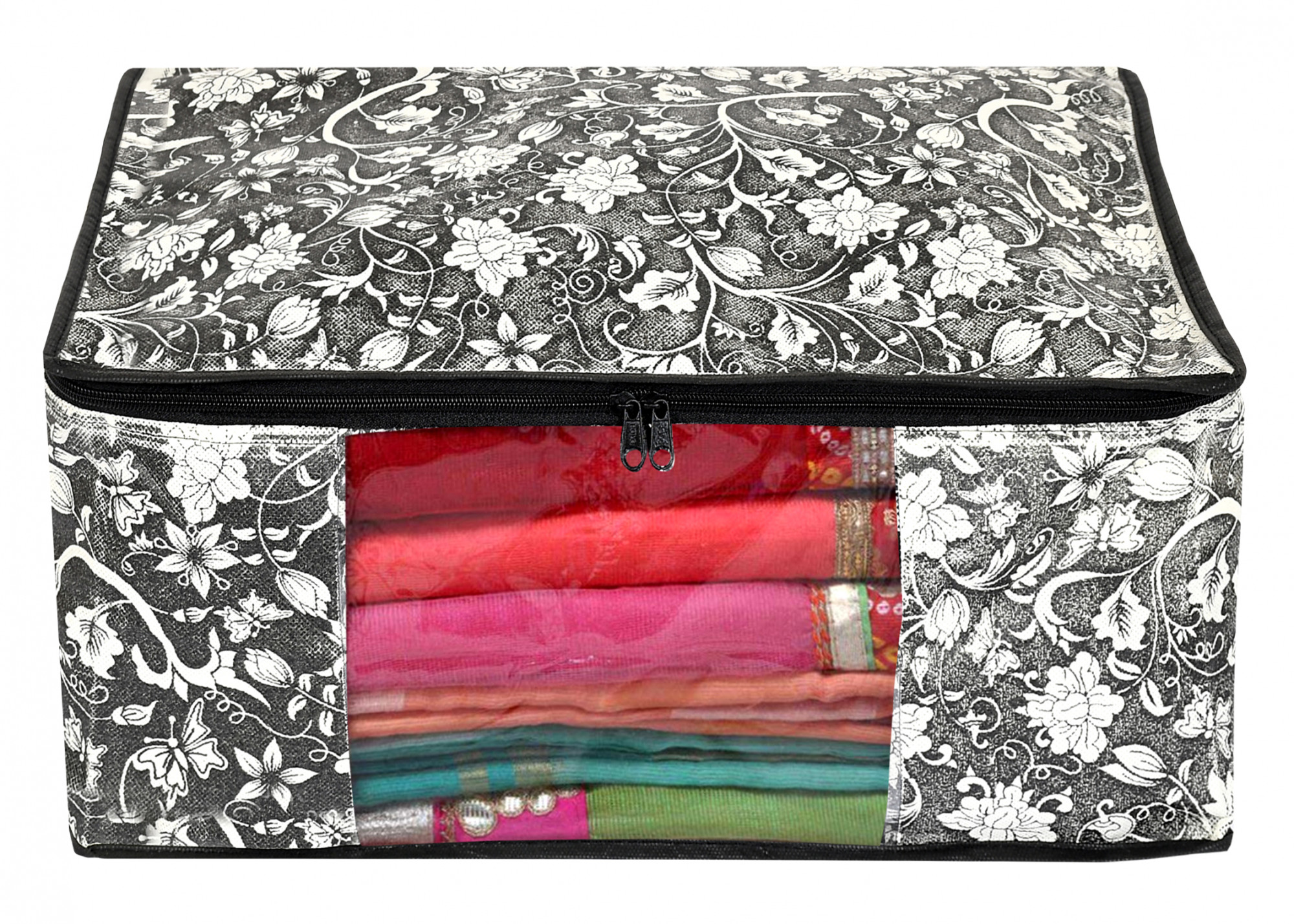 Kuber Industries Metalic Flower Print Non Woven Fabric Saree Cover/Clothes Organiser For Wardrobe Set with Transparent Window, Extra Large (Black)-34_S_KUBMART16515