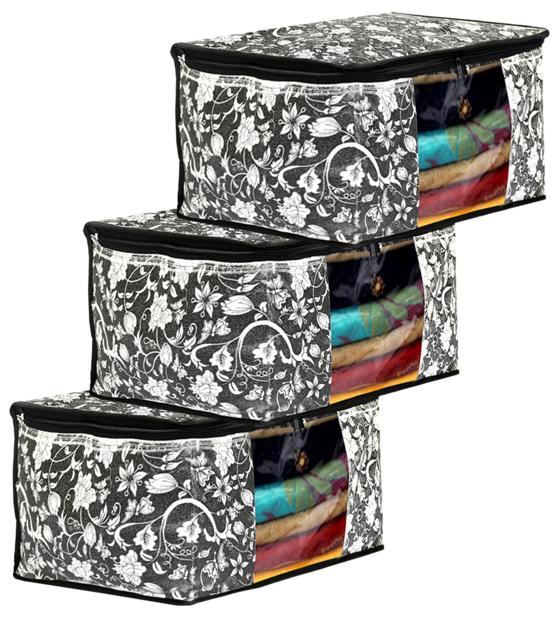 Kuber Industries Metalic Flower Print Non Woven Fabric Saree Cover/Clothes Organiser For Wardrobe Set with Transparent Window, Extra Large (Black)-34_S_KUBMART16515