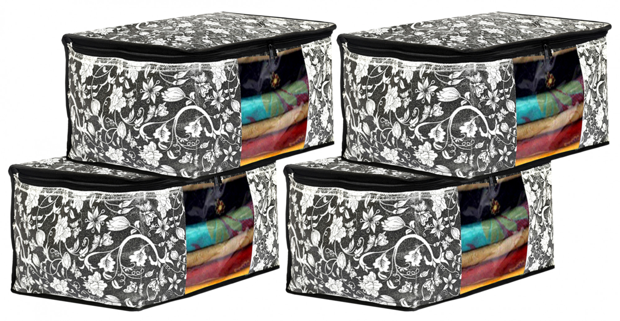 Kuber Industries Metalic Flower Print Non Woven Fabric Saree Cover/Clothes Organiser For Wardrobe Set with Transparent Window, Extra Large (Black)-34_S_KUBMART16515