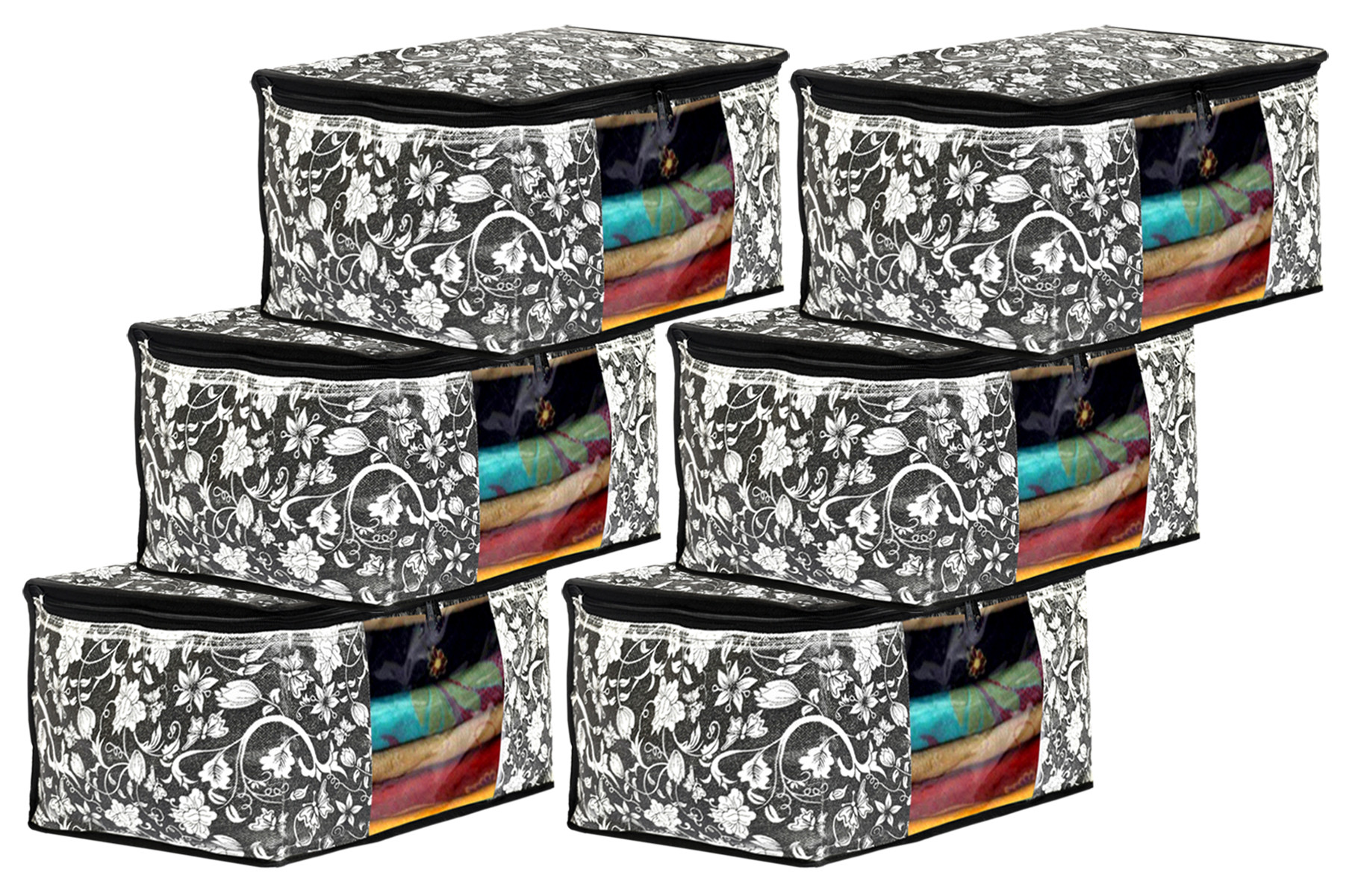 Kuber Industries Metalic Flower Print Non Woven Fabric Saree Cover/Clothes Organiser For Wardrobe Set with Transparent Window, Extra Large (Black)-34_S_KUBMART16515