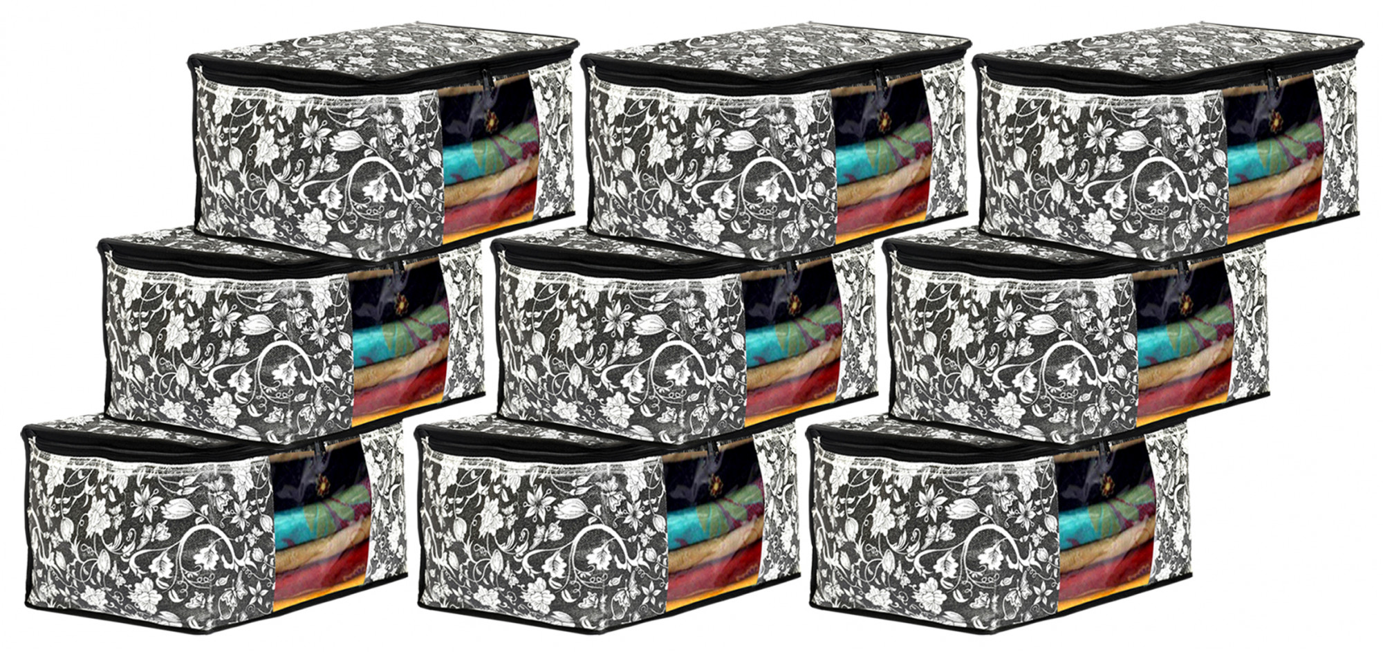 Kuber Industries Metalic Flower Print Non Woven Fabric Saree Cover/Clothes Organiser For Wardrobe Set with Transparent Window, Extra Large (Black)-34_S_KUBMART16515