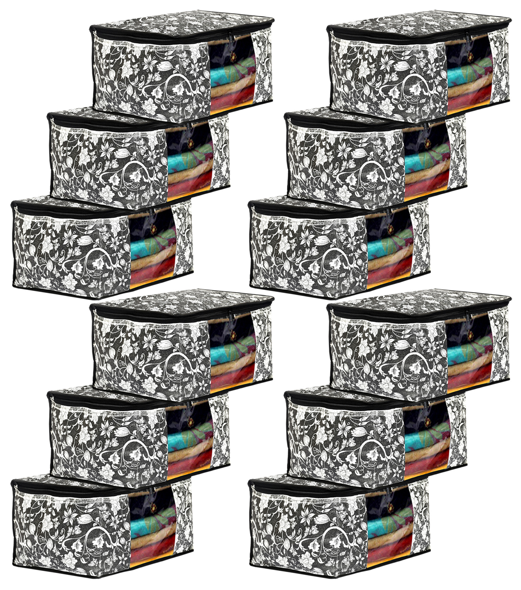 Kuber Industries Metalic Flower Print Non Woven Fabric Saree Cover/Clothes Organiser For Wardrobe Set with Transparent Window, Extra Large (Black)-34_S_KUBMART16515