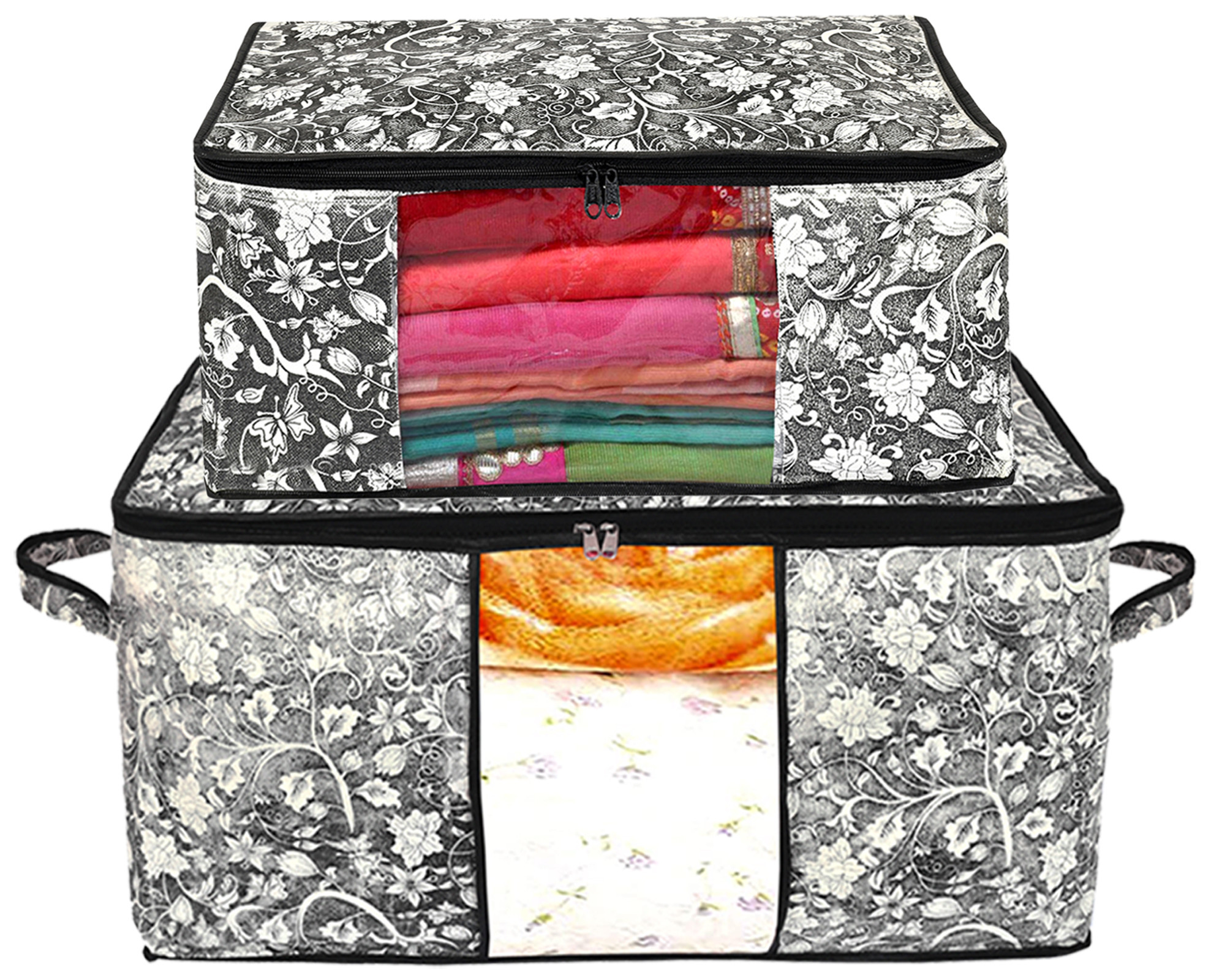 Kuber Industries Metalic Flower Print Non Woven Saree Cover And Underbed Storage Bag, Storage Organiser, Blanket Cover (Black)-34_S_KUBMART16677