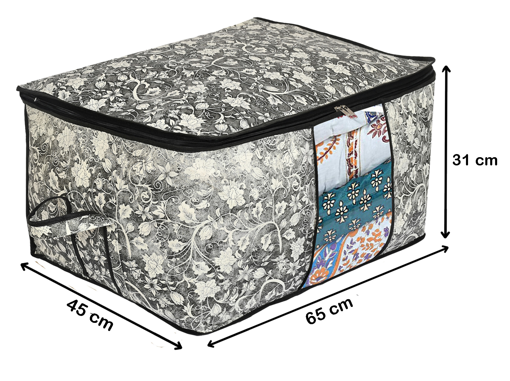 Kuber Industries Metalic Flower Print Non Woven Saree Cover And Underbed Storage Bag, Storage Organiser, Blanket Cover (Black)-34_S_KUBMART16677