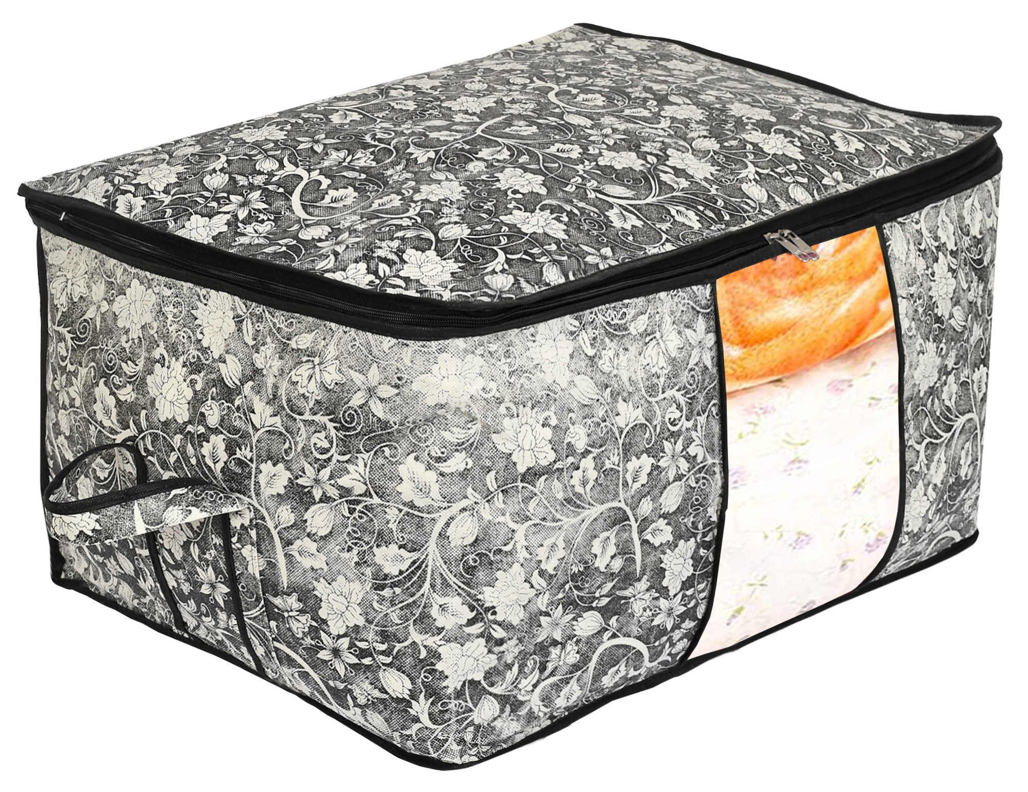 Kuber Industries Metalic Flower Print Non Woven Saree Cover And Underbed Storage Bag, Storage Organiser, Blanket Cover (Black)-34_S_KUBMART16677