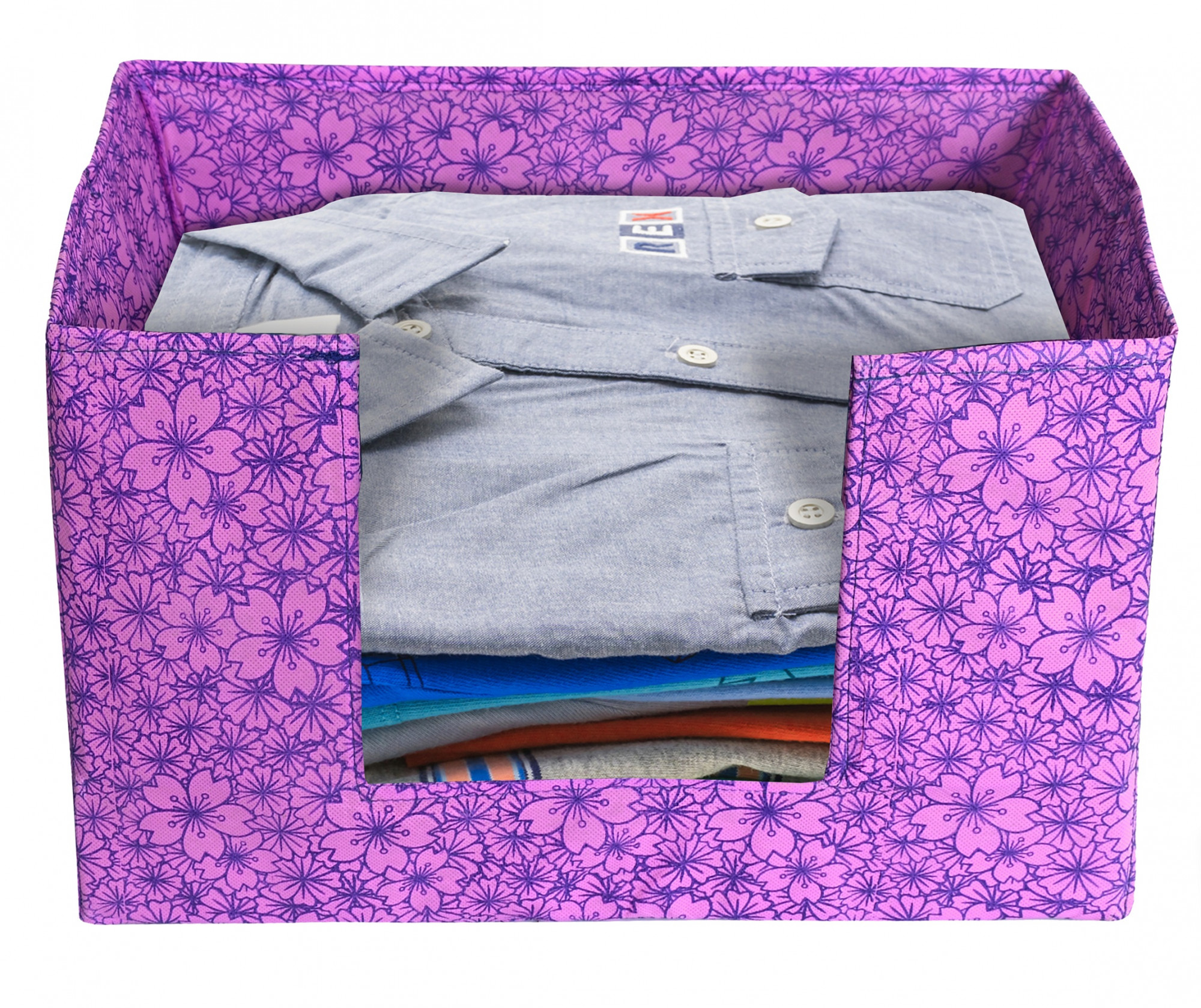 Kuber Industries Metalic Flower Print Non-Woven Shirt Stacker Closet Organizer - Shirts and Clothing Organizer With Handle (Pink & Purple)