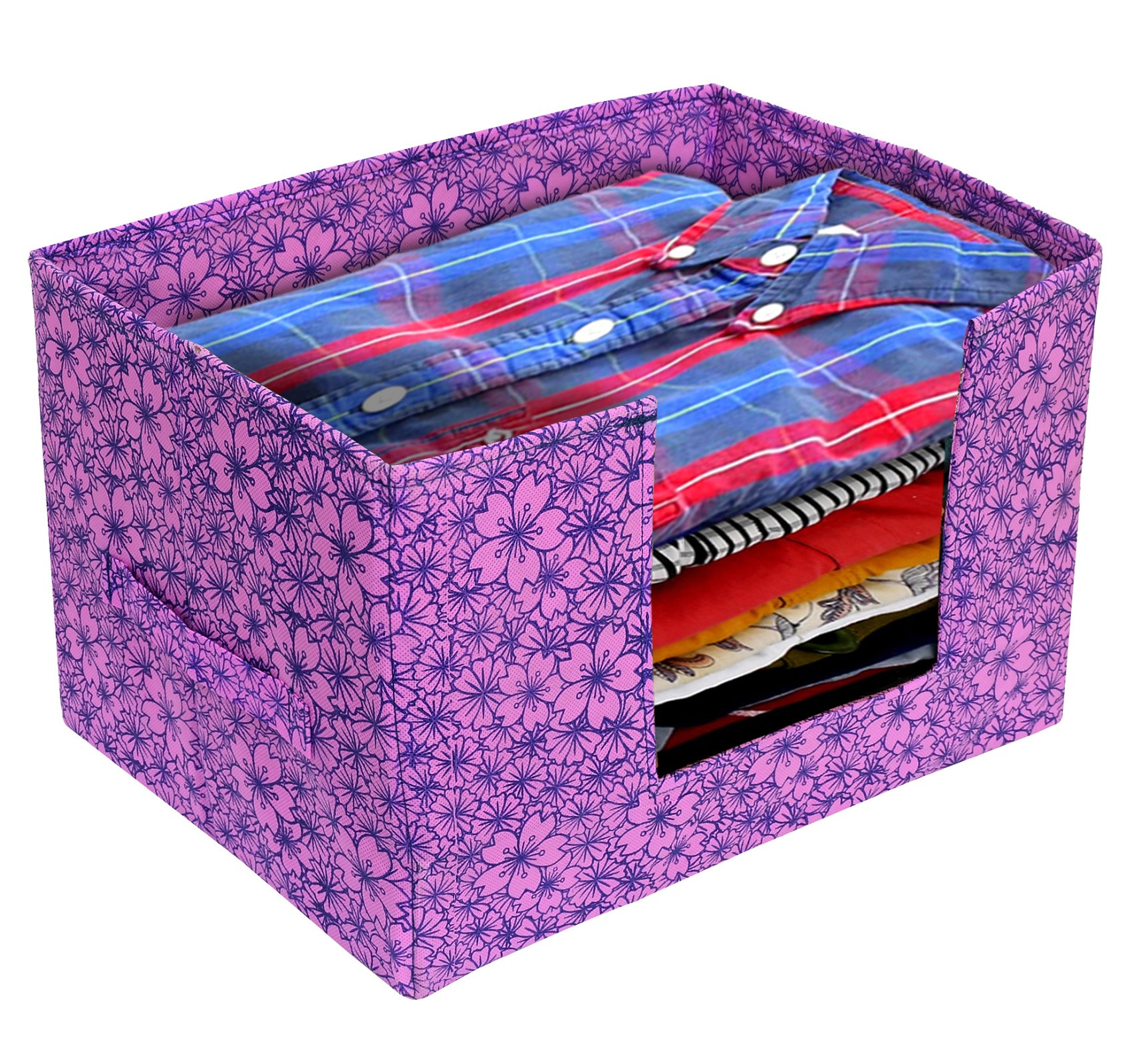 Kuber Industries Metalic Flower Print Non-Woven Shirt Stacker Closet Organizer - Shirts and Clothing Organizer With Handle (Pink & Purple)