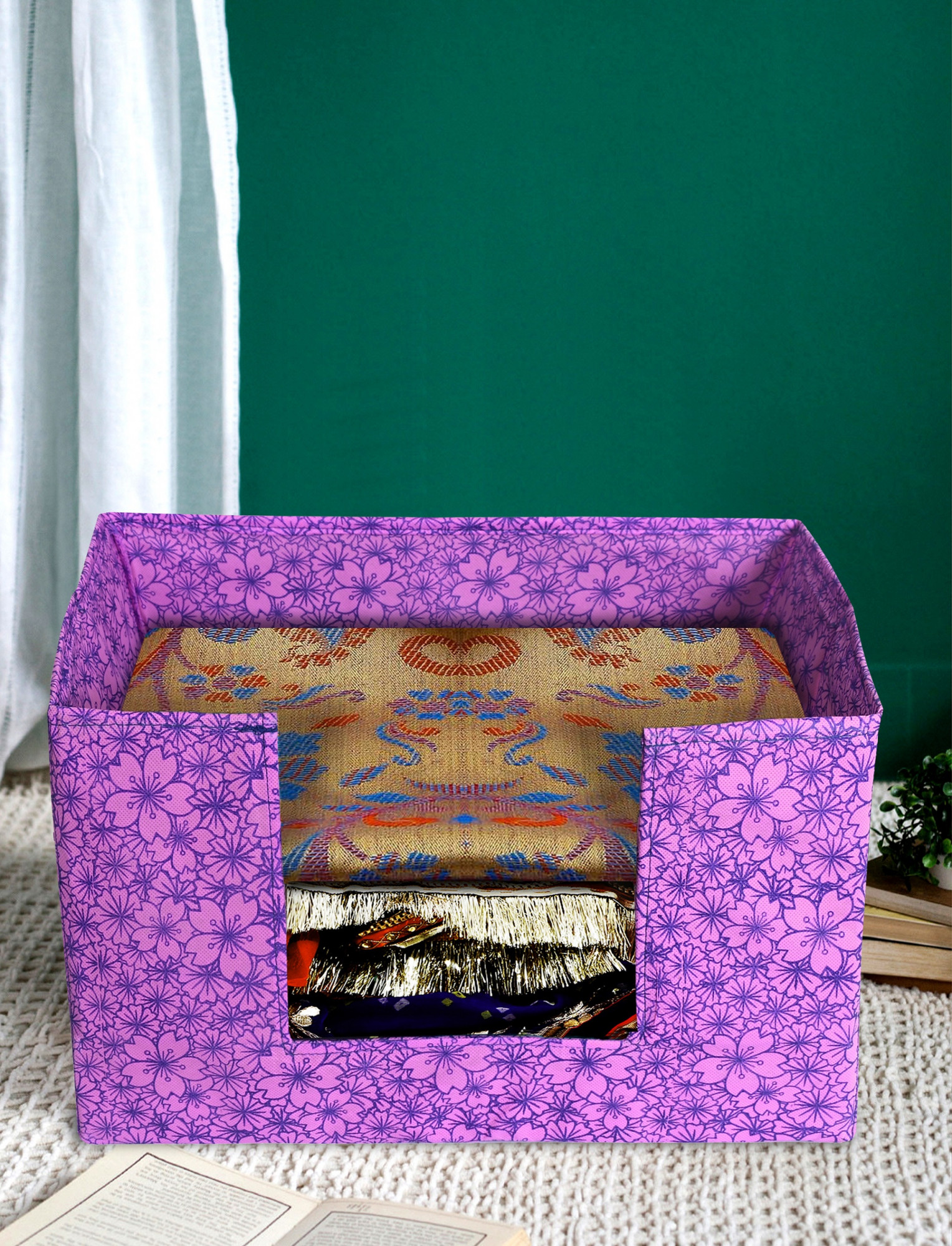 Kuber Industries Metalic Flower Print Non-Woven Shirt Stacker Closet Organizer - Shirts and Clothing Organizer With Handle (Pink & Purple)