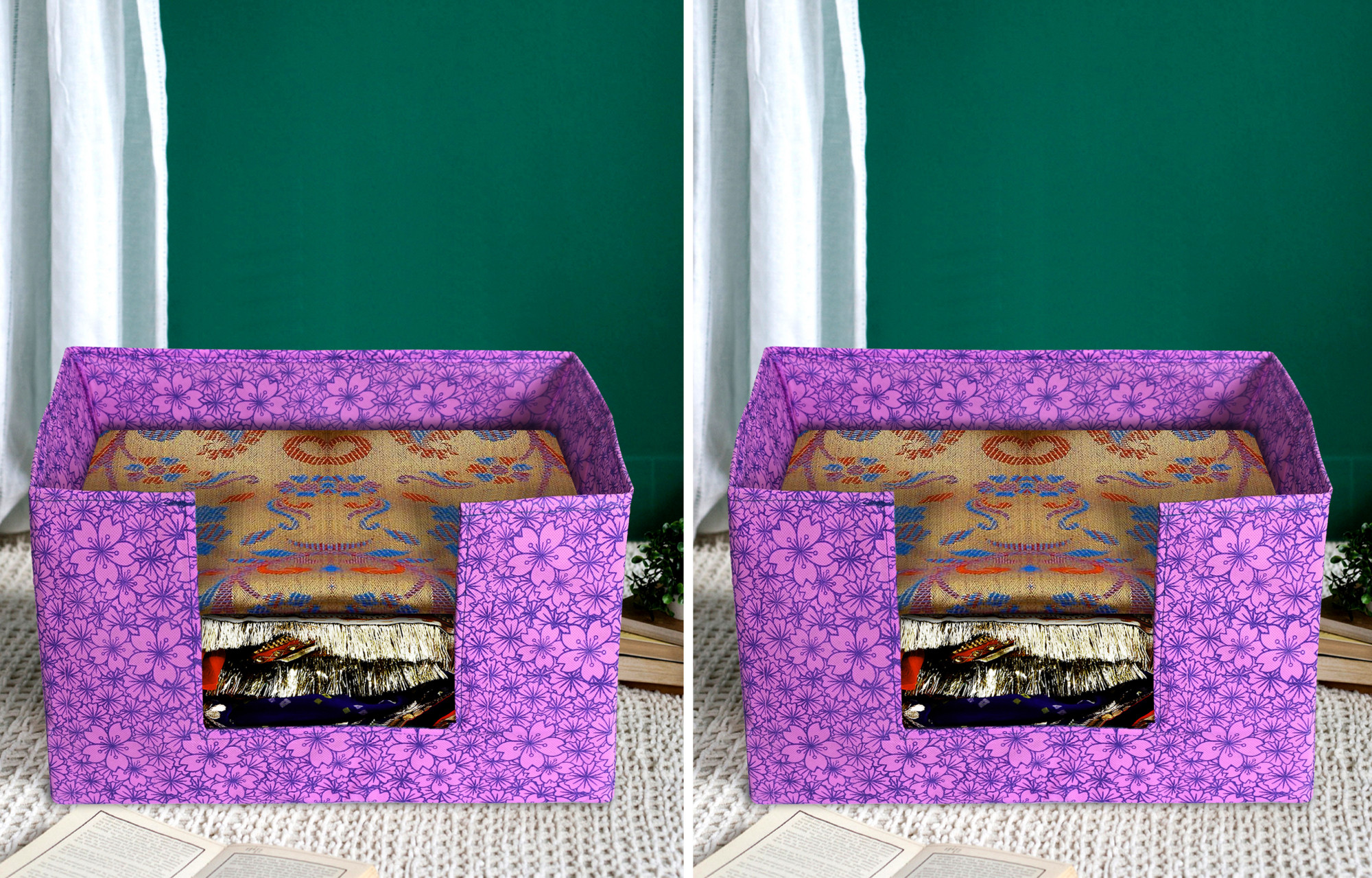 Kuber Industries Metalic Flower Print Non-Woven Shirt Stacker Closet Organizer - Shirts and Clothing Organizer With Handle (Pink & Purple)