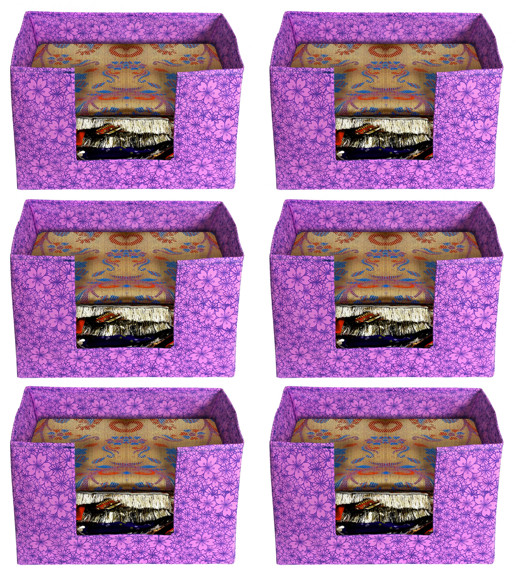 Kuber Industries Metalic Flower Print Non-Woven Shirt Stacker Closet Organizer - Shirts and Clothing Organizer With Handle (Pink & Purple)