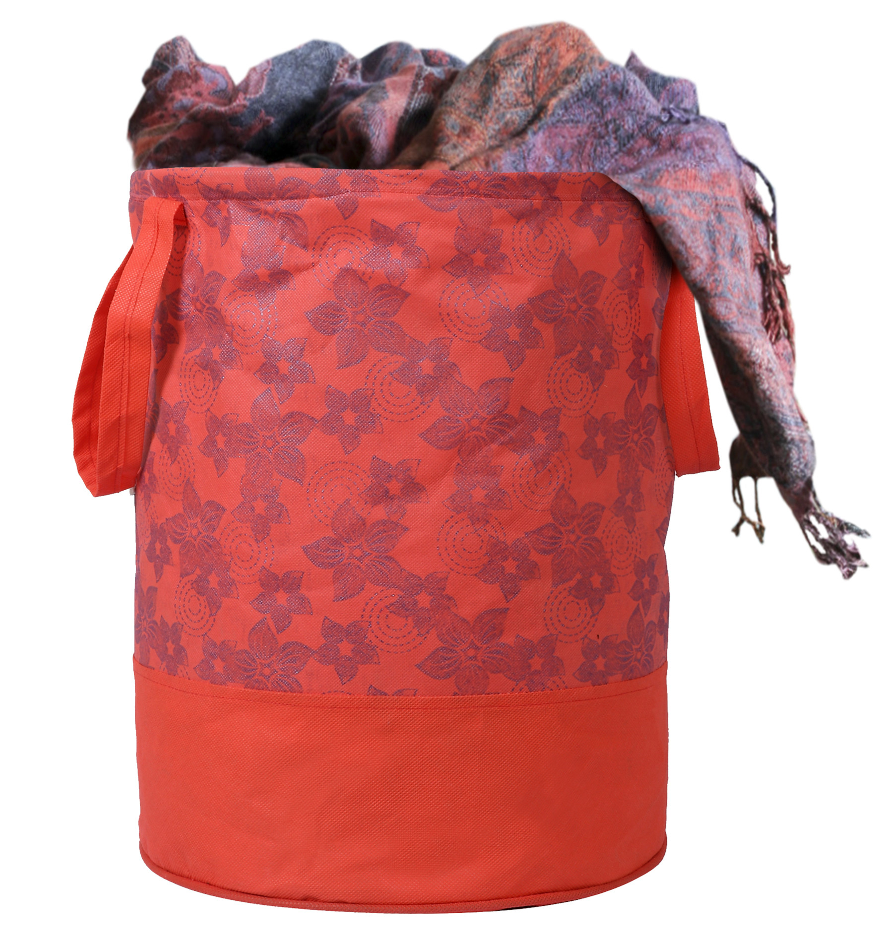 Kuber Industries Metalic Flower Print Round Non Woven Fabric Foldable Laundry Basket , Toy Storage Basket, Cloth Storage Basket With Handles,45 Ltr (Red)-KUBMRT12053