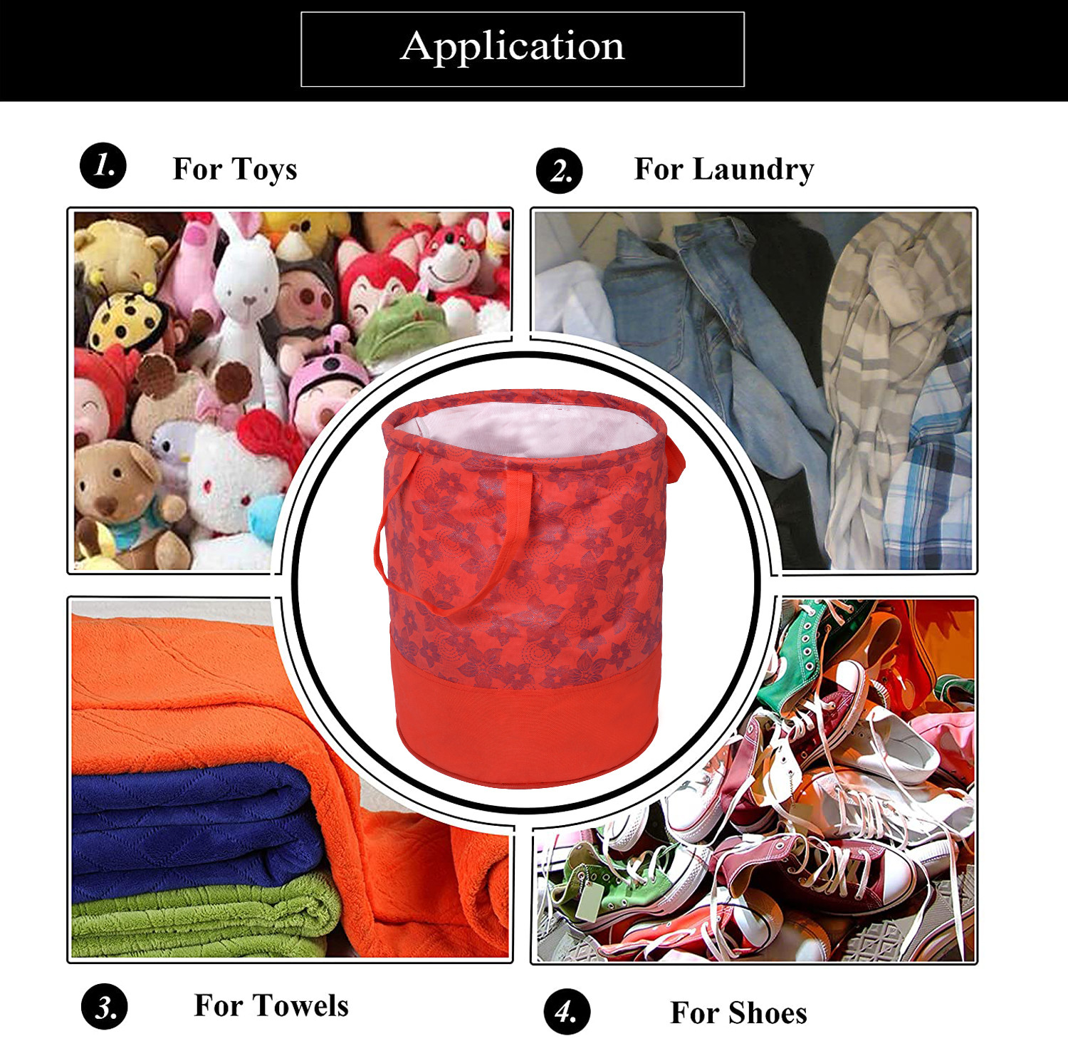 Kuber Industries Metalic Flower Print Round Non Woven Fabric Foldable Laundry Basket , Toy Storage Basket, Cloth Storage Basket With Handles,45 Ltr (Red)-KUBMRT12053
