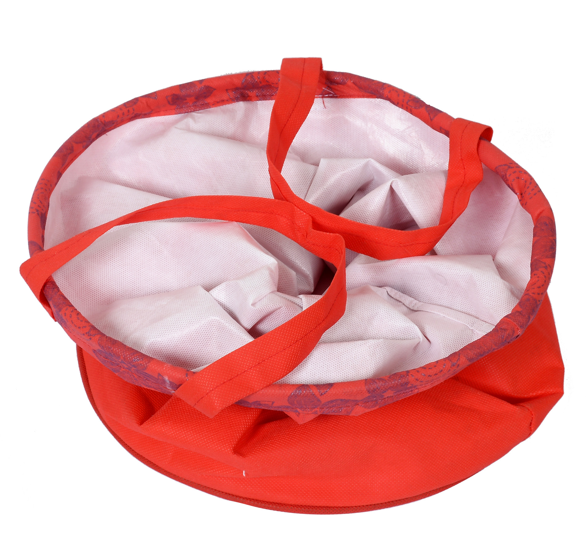 Kuber Industries Metalic Flower Print Round Non Woven Fabric Foldable Laundry Basket , Toy Storage Basket, Cloth Storage Basket With Handles,45 Ltr (Red)-KUBMRT12053