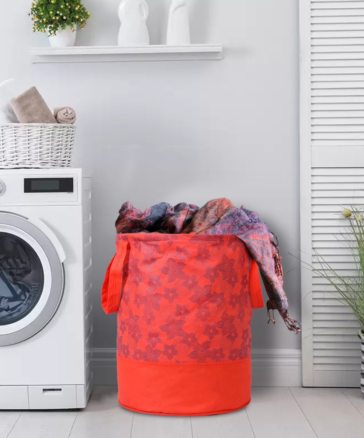Kuber Industries Metalic Flower Print Round Non Woven Fabric Foldable Laundry Basket , Toy Storage Basket, Cloth Storage Basket With Handles,45 Ltr (Red)-KUBMRT12053