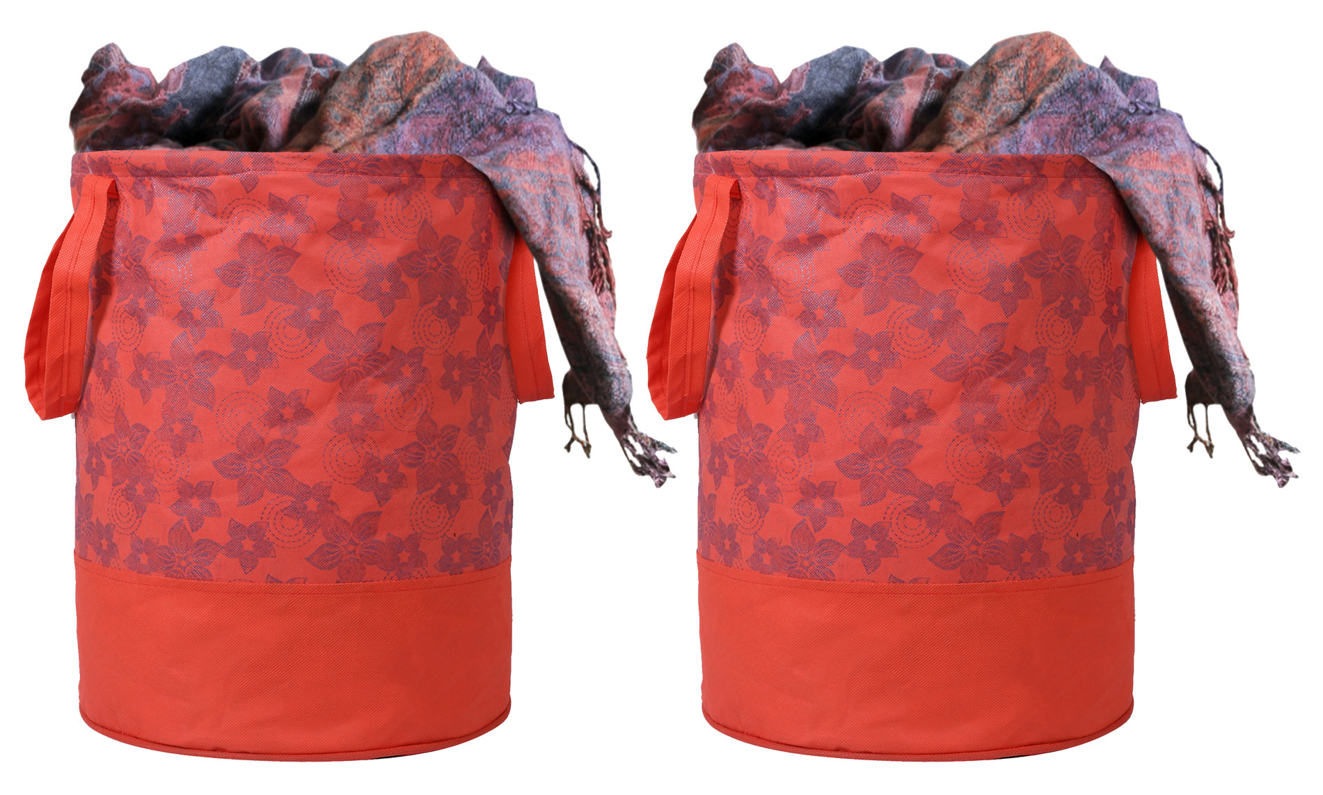 Kuber Industries Metalic Flower Print Round Non Woven Fabric Foldable Laundry Basket , Toy Storage Basket, Cloth Storage Basket With Handles,45 Ltr (Red)-KUBMRT12053