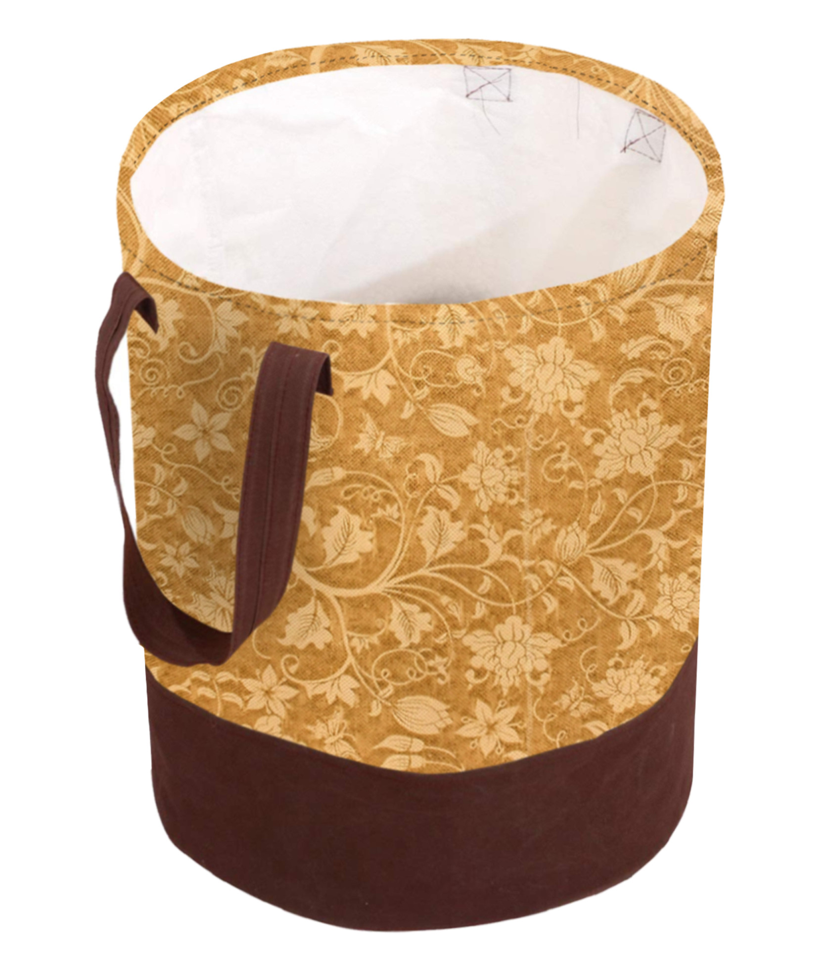 Kuber Industries Metalic Flower Print Round Non Woven Fabric Foldable Laundry Basket , Toy Storage Basket, Cloth Storage Basket With Handles,45 Ltr (Beige)-KUBMRT12057