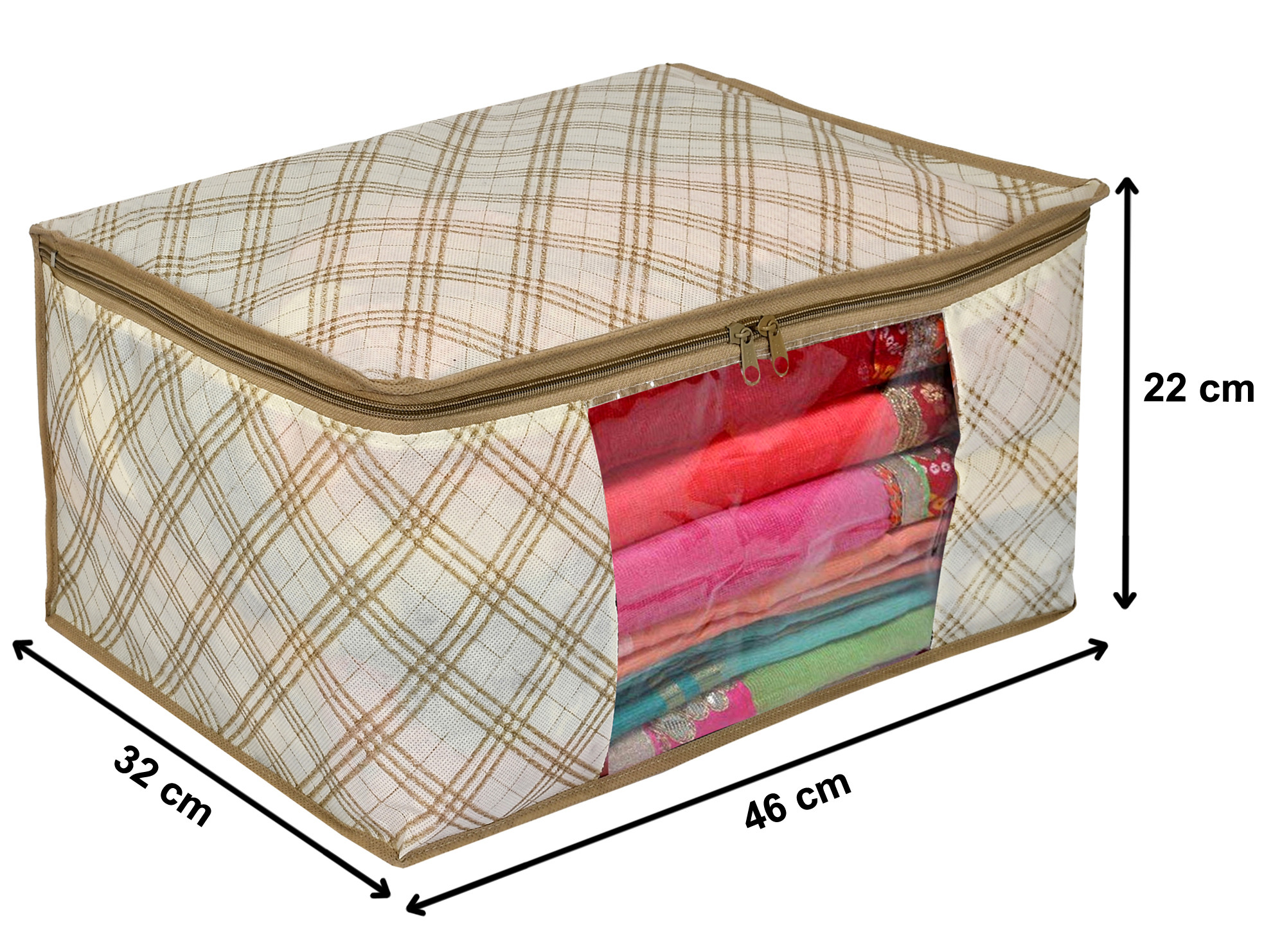 Kuber Industries Metalic Flower,Checkered Print Non Woven Fabric Saree Cover/Clothes Organiser For Wardrobe Set with Transparent Window, Extra Large (Ivory & Black)-34_S_KUBMART16543