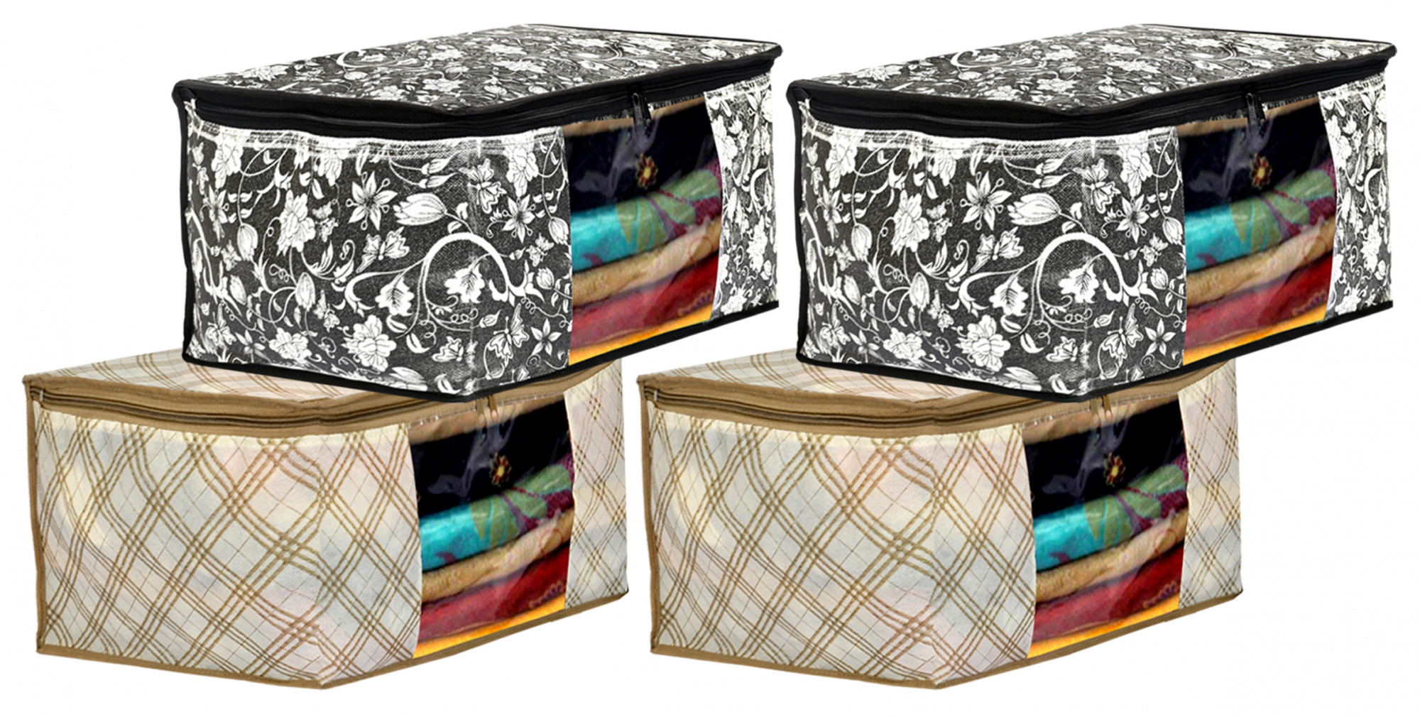 Kuber Industries Metalic Flower,Checkered Print Non Woven Fabric Saree Cover/Clothes Organiser For Wardrobe Set with Transparent Window, Extra Large (Ivory & Black)-34_S_KUBMART16543