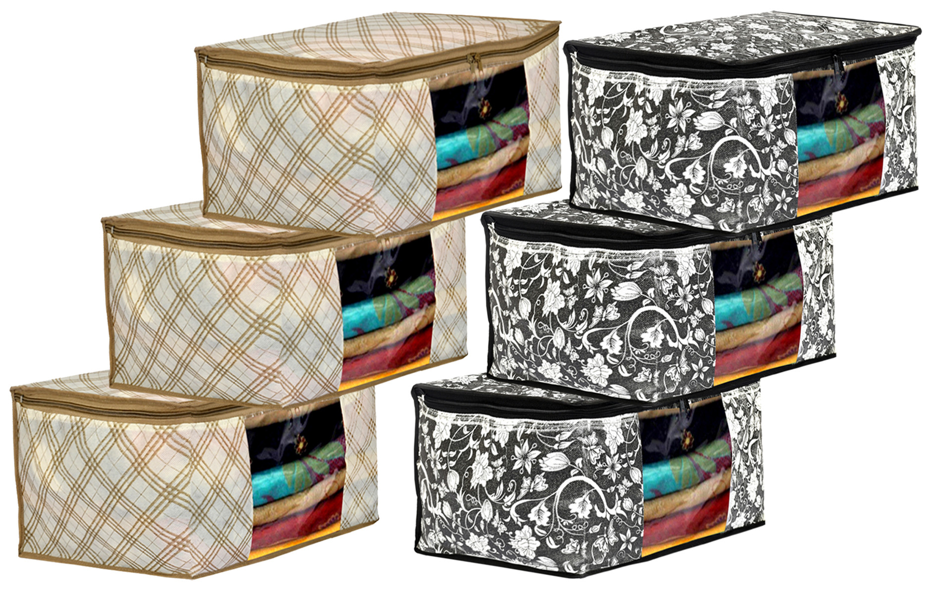 Kuber Industries Metalic Flower,Checkered Print Non Woven Fabric Saree Cover/Clothes Organiser For Wardrobe Set with Transparent Window, Extra Large (Ivory & Black)-34_S_KUBMART16543