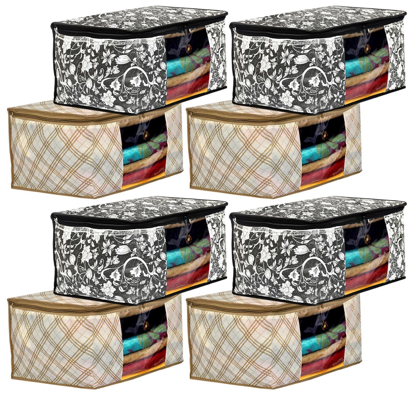 Kuber Industries Metalic Flower,Checkered Print Non Woven Fabric Saree Cover/Clothes Organiser For Wardrobe Set with Transparent Window, Extra Large (Ivory & Black)-34_S_KUBMART16543