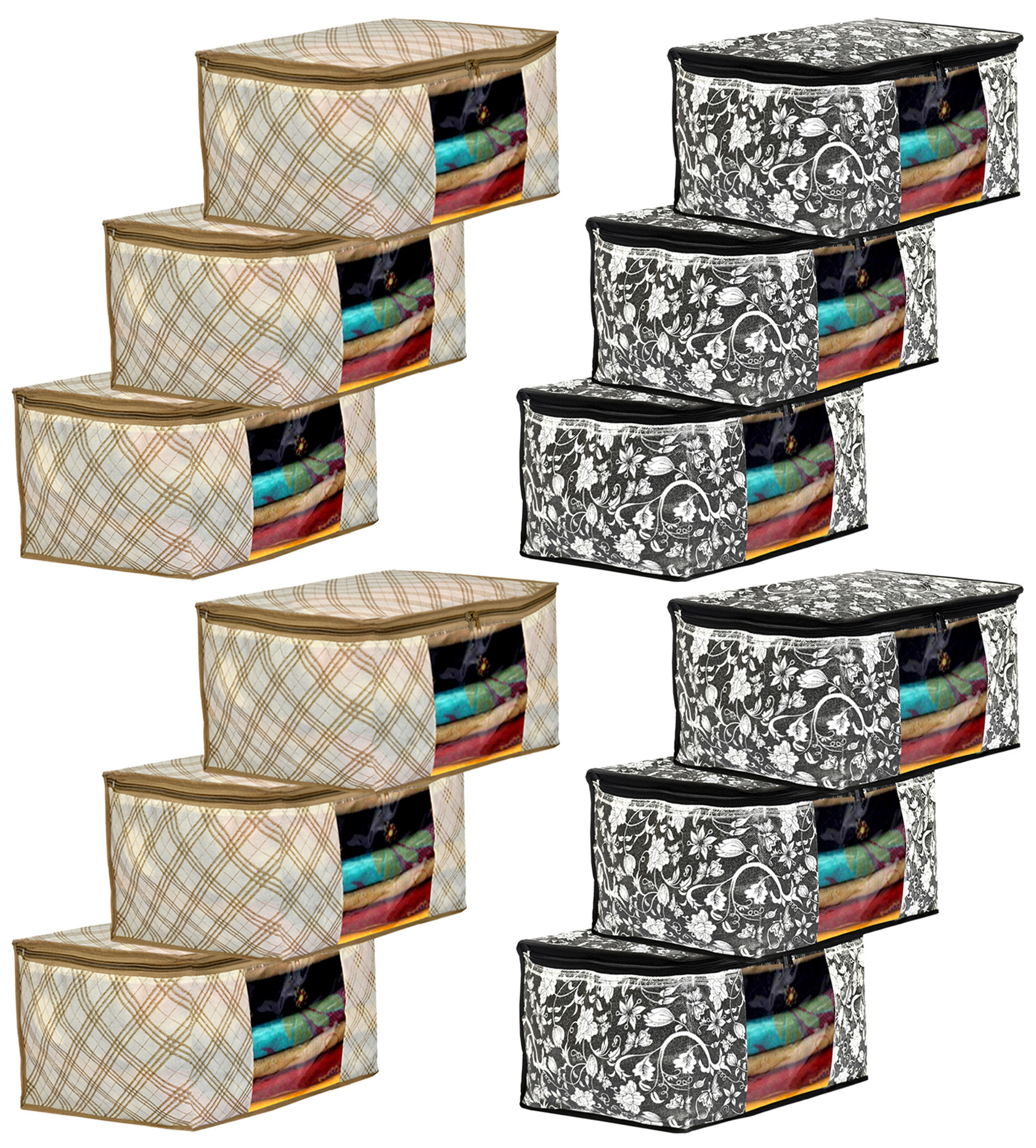 Kuber Industries Metalic Flower,Checkered Print Non Woven Fabric Saree Cover/Clothes Organiser For Wardrobe Set with Transparent Window, Extra Large (Ivory & Black)-34_S_KUBMART16543