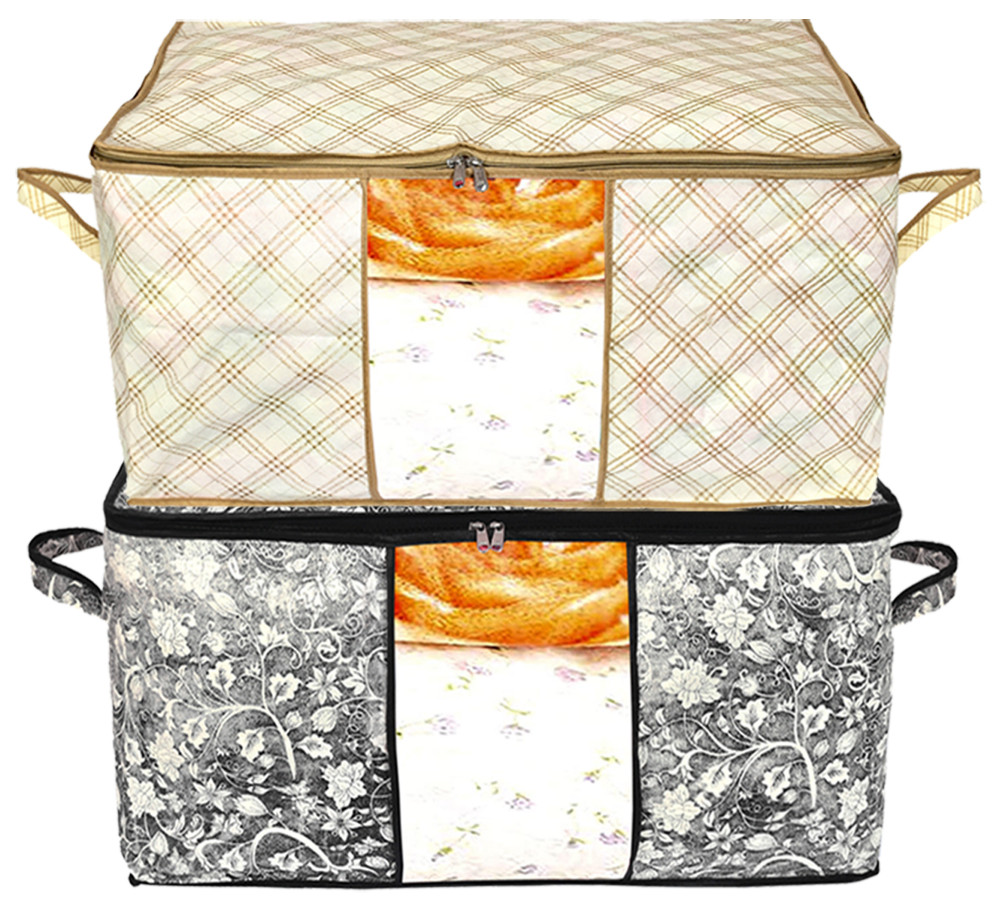 Kuber Industries Metalic Flower,Checkered Print Non Woven Underbed Storage Bag,Cloth Organiser,Blanket Cover with Transparent Window (Black &amp; Ivory)-34_S_KUBMART16629