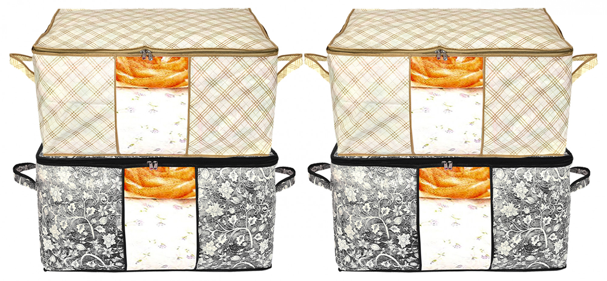 Kuber Industries Metalic Flower,Checkered Print Non Woven Underbed Storage Bag,Cloth Organiser,Blanket Cover with Transparent Window (Black & Ivory)-34_S_KUBMART16629