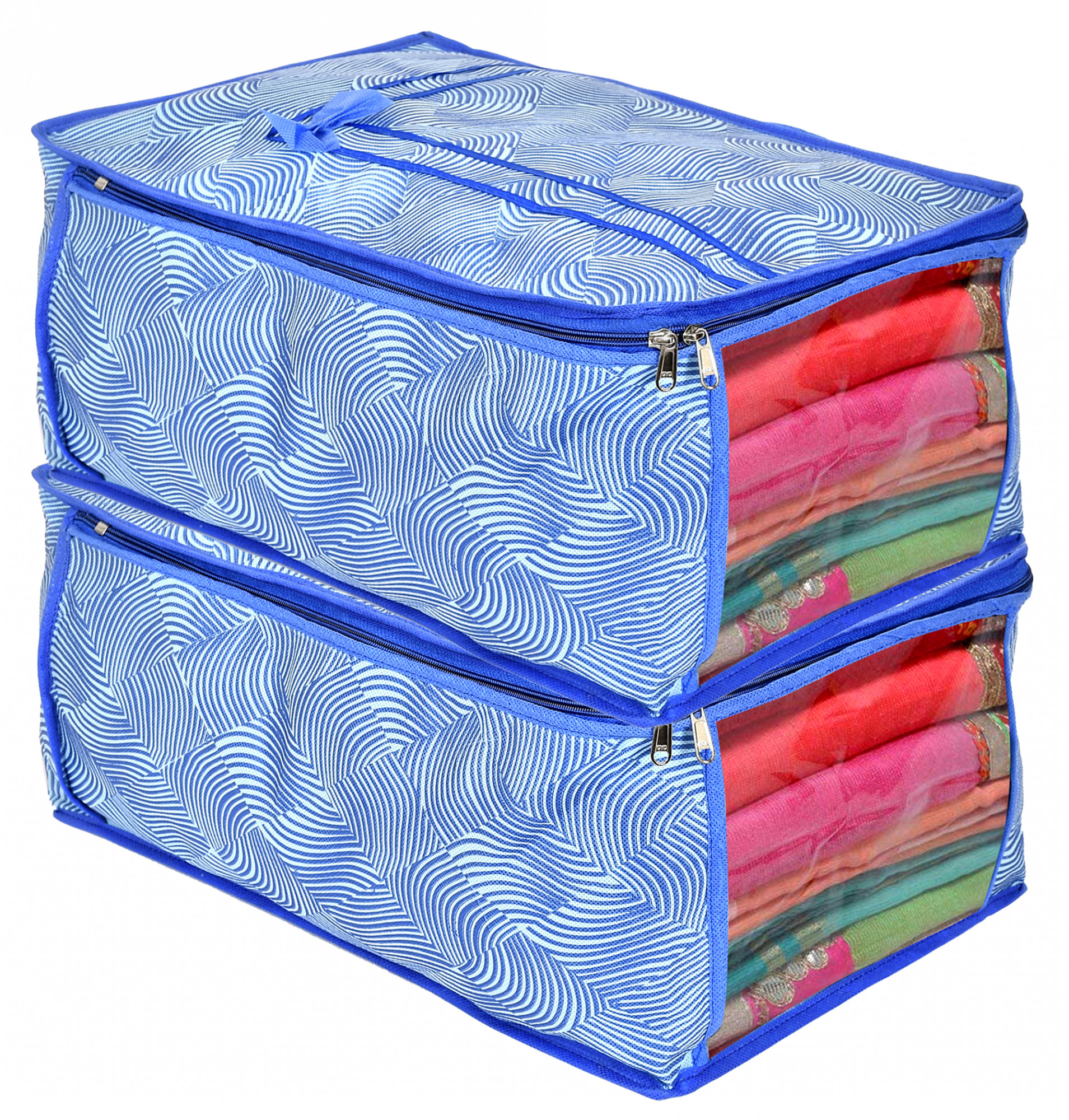 Kuber Industries Metalic Lahariya Print Non Woven Fabric Saree Cover/Clothes Organiser For Wardrobe Set with Transparent Window, Extra Large (Blue)