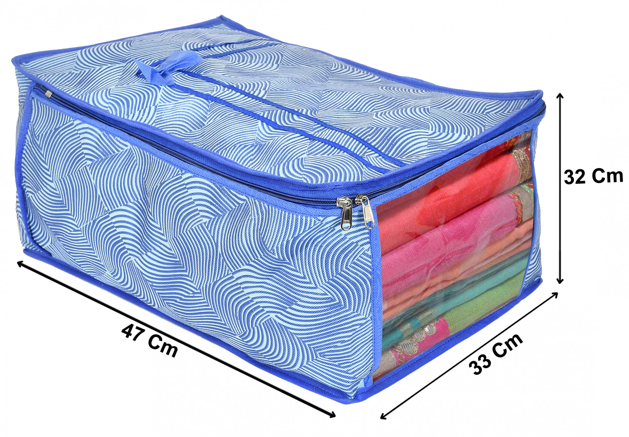 Kuber Industries Metalic Lahariya Print Non Woven Fabric Saree Cover/Clothes Organiser For Wardrobe Set with Transparent Window, Extra Large (Blue)