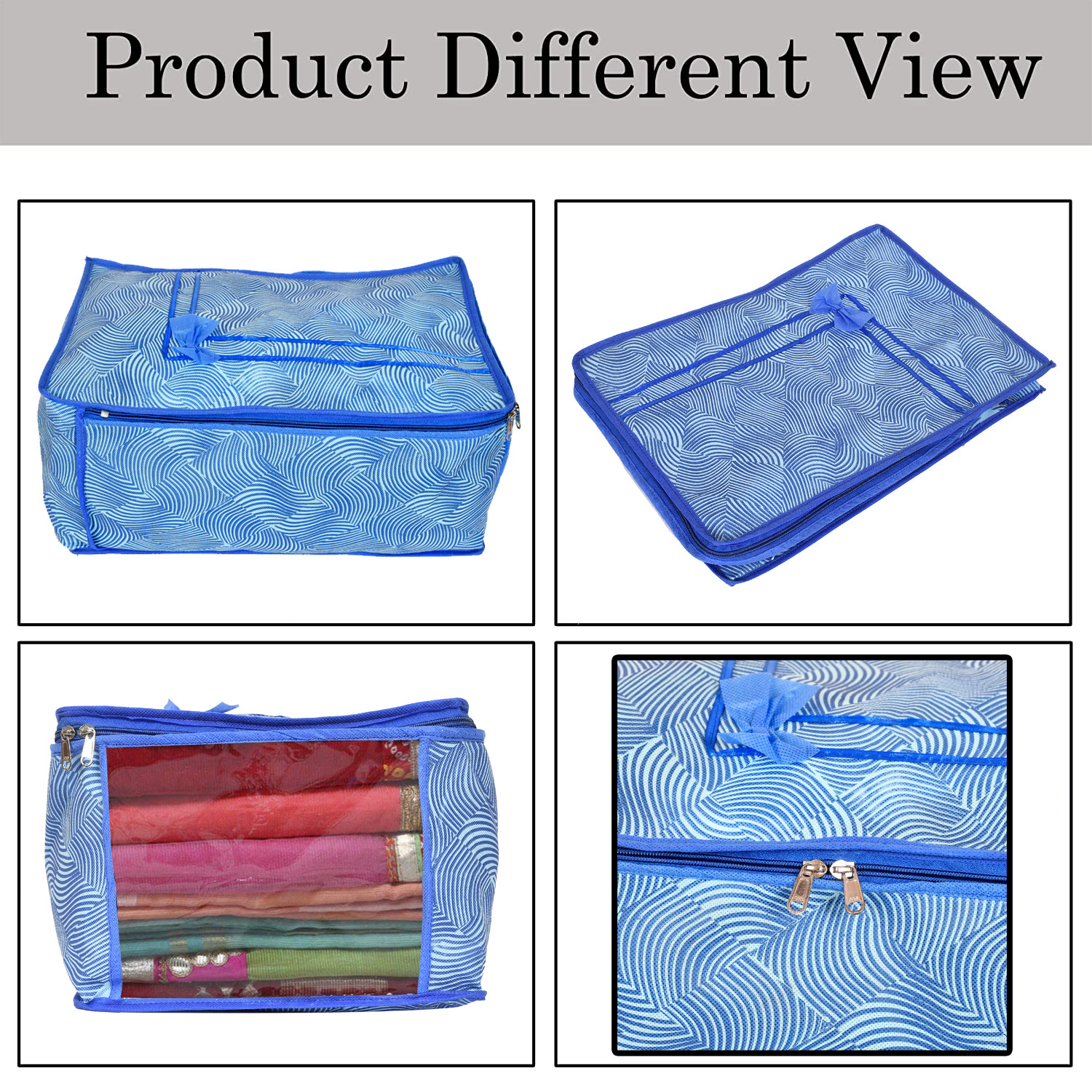 Kuber Industries Metalic Lahariya Print Non Woven Fabric Saree Cover/Clothes Organiser For Wardrobe Set with Transparent Window, Extra Large (Blue)